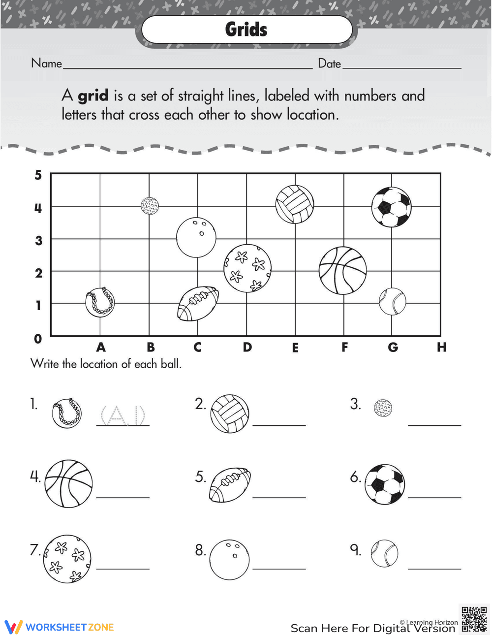 Grid Basics: Sports Themed Grid Worksheet - Page 1