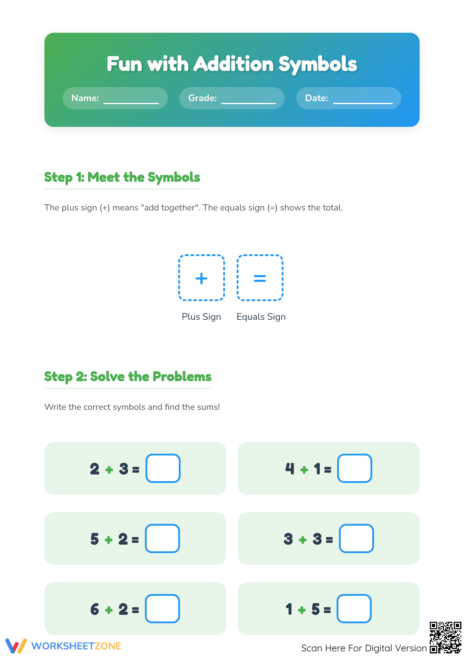 Printable Addition Symbols Math Lab | Grade 1 Math - Page 1