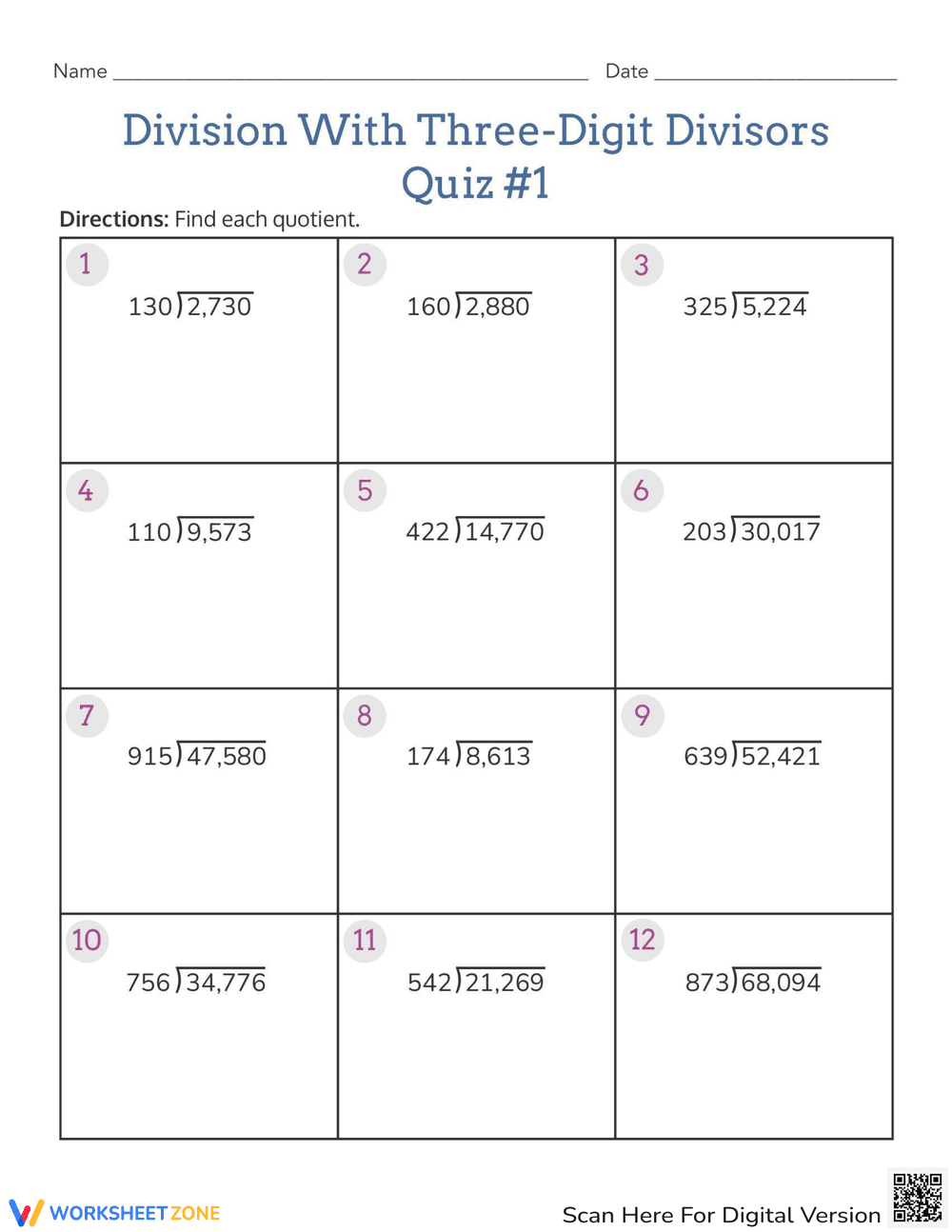 Division with Three-Digit Divisors Worksheet - Page 1