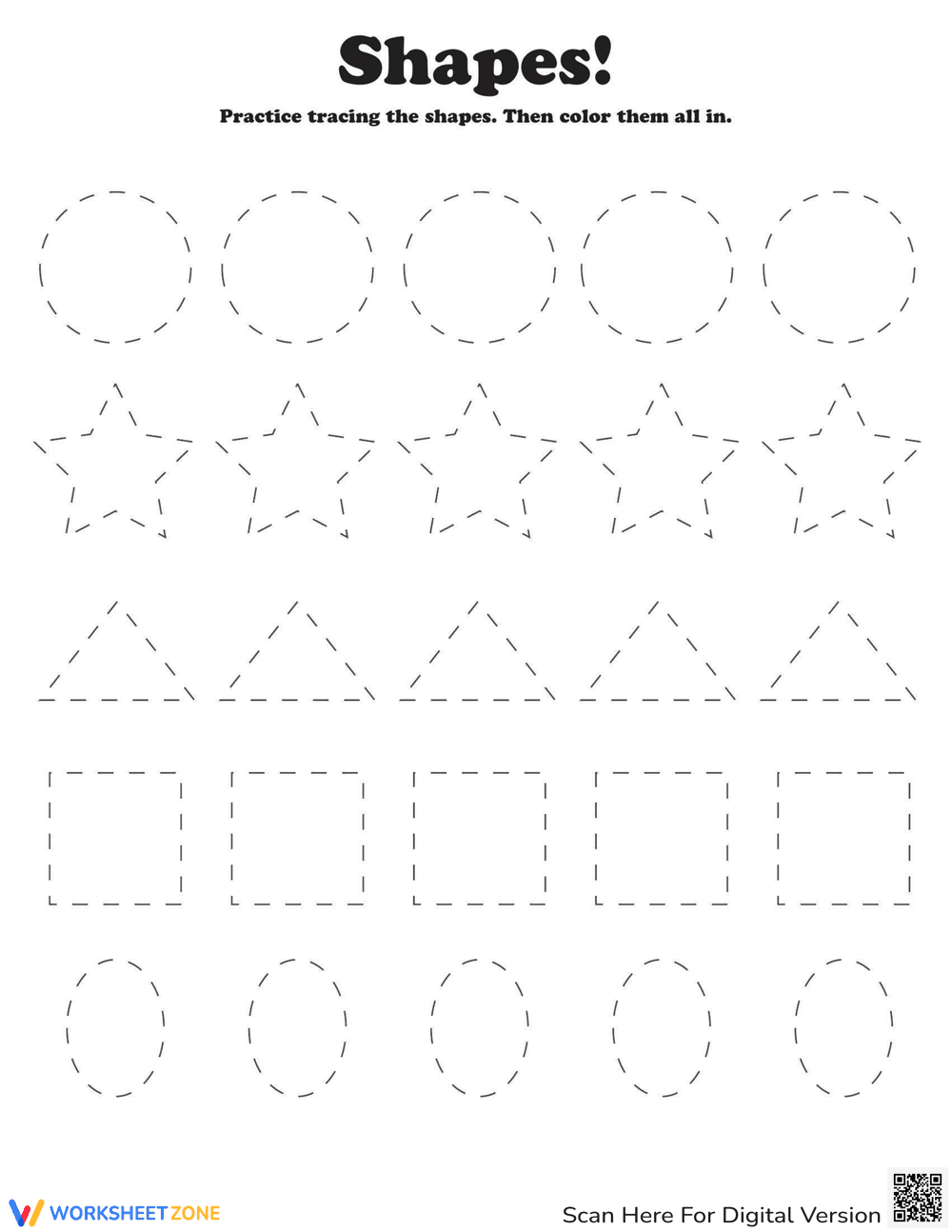 Trace and Color Shapes Worksheet - Page 1