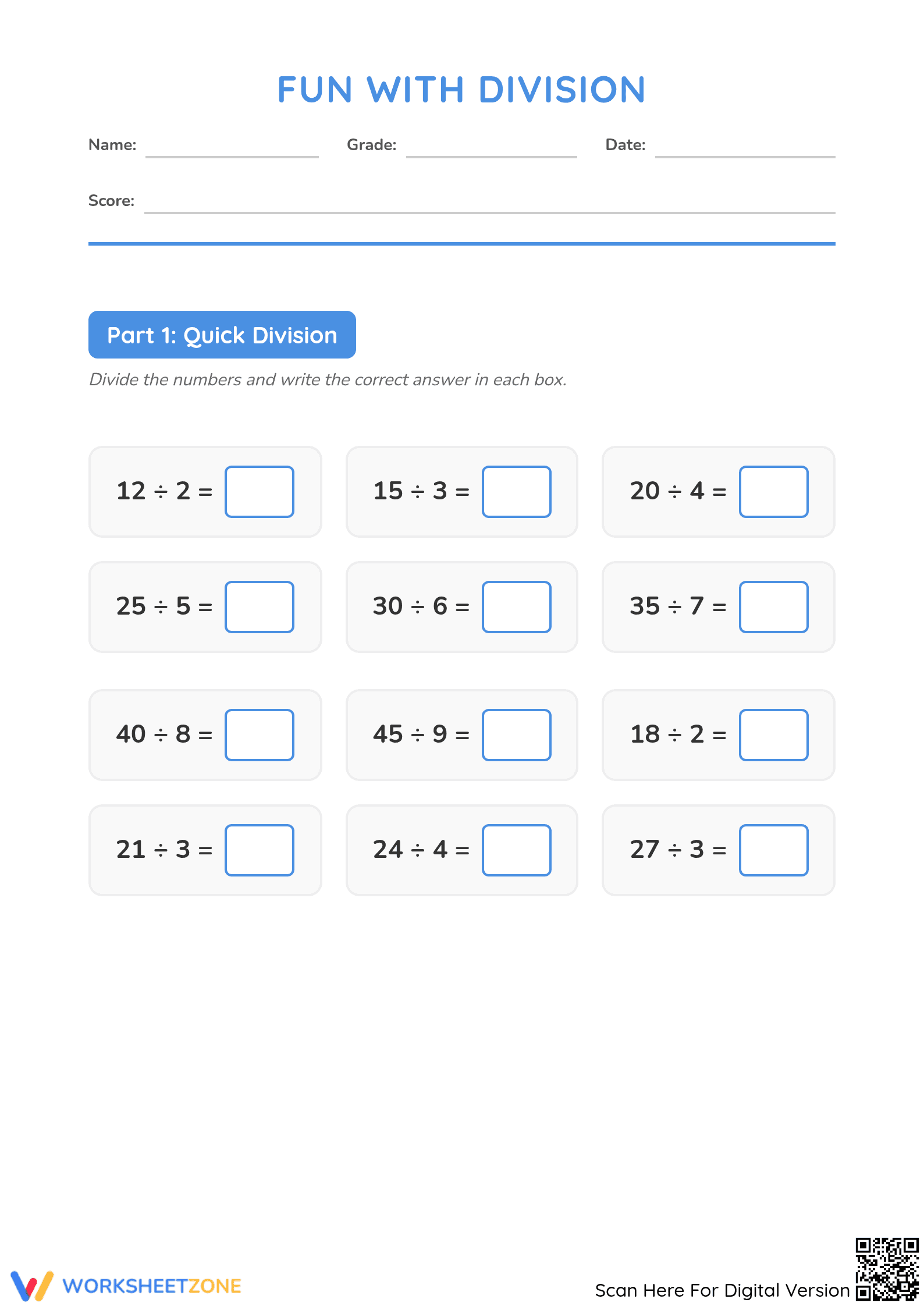 Division Facts and Word Problems | Grade 3 Printable - Page 1
