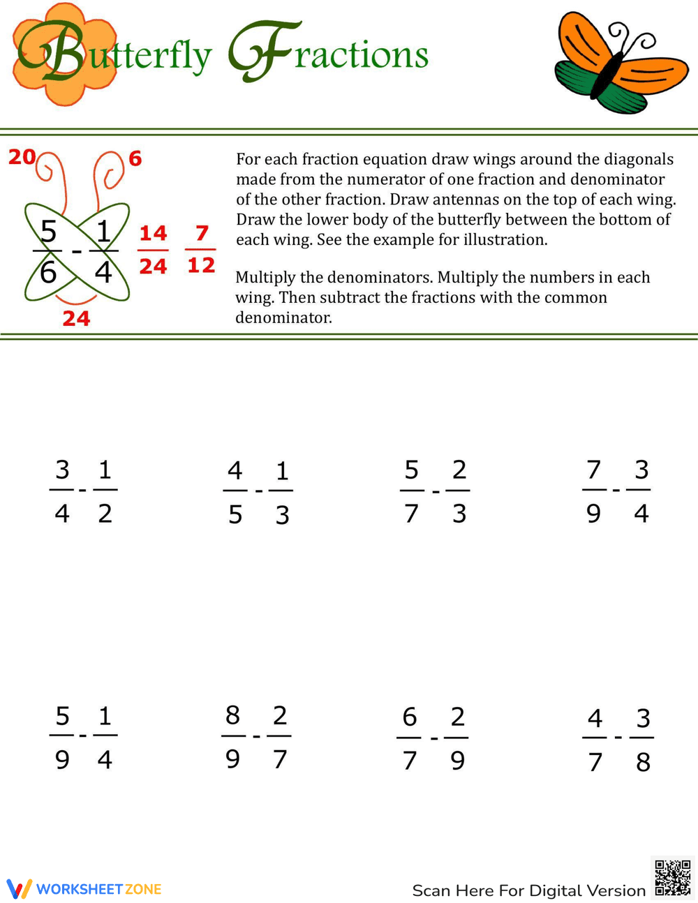 Butterfly Method for Fractions Worksheet - Page 1