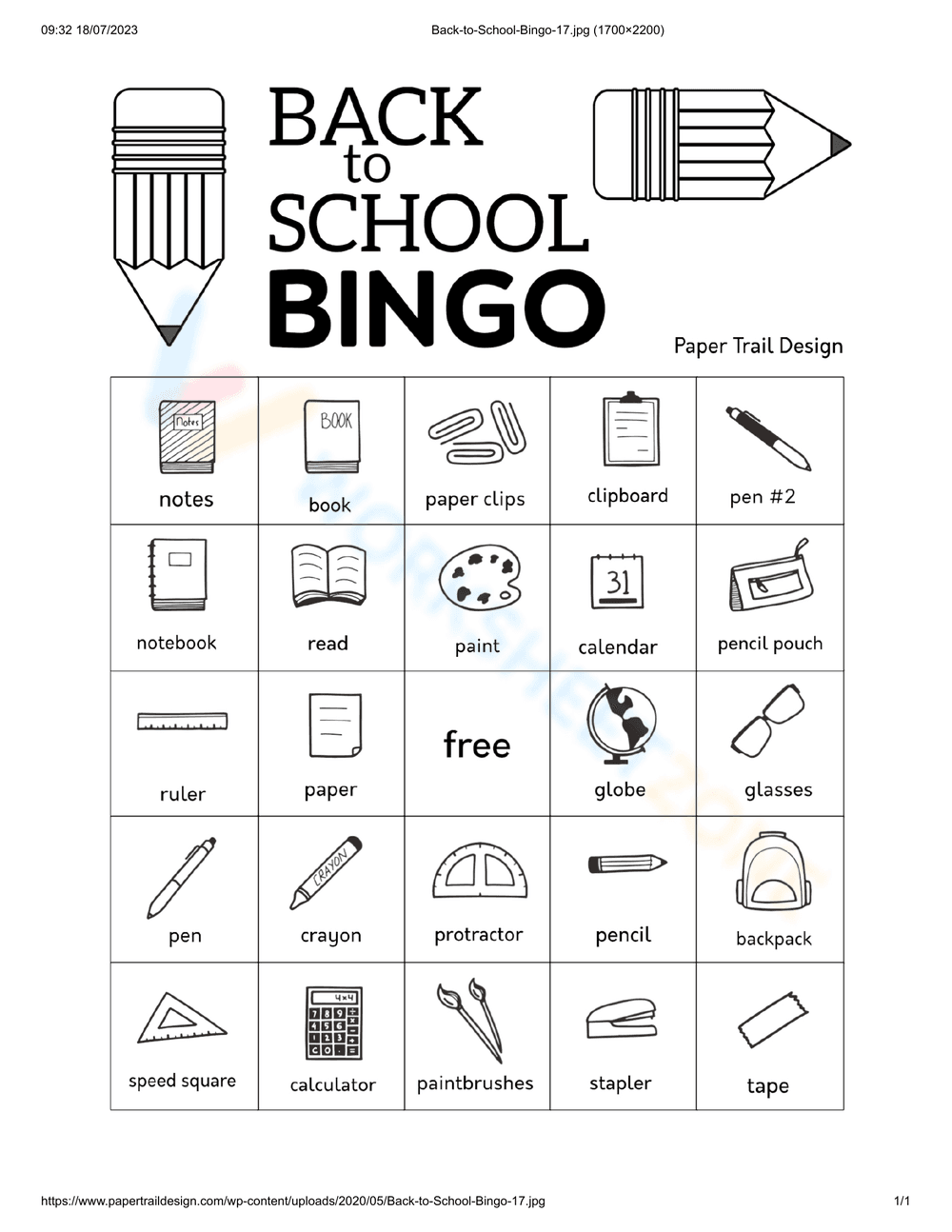 Printable Back to School Bingo Card | Grades 1-5 Ready - Page 1