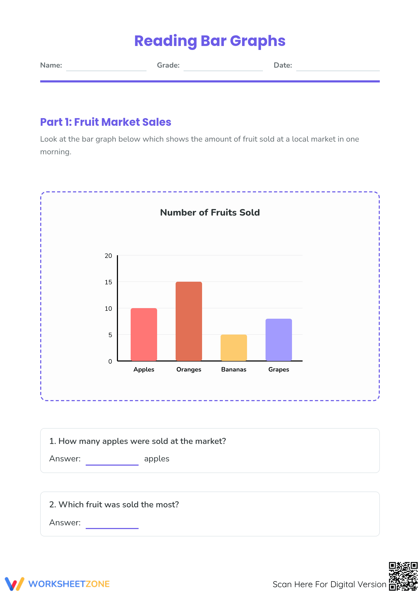 Essential Grade 3 Reading Bar Graphs and Tables Worksheet - Page 1