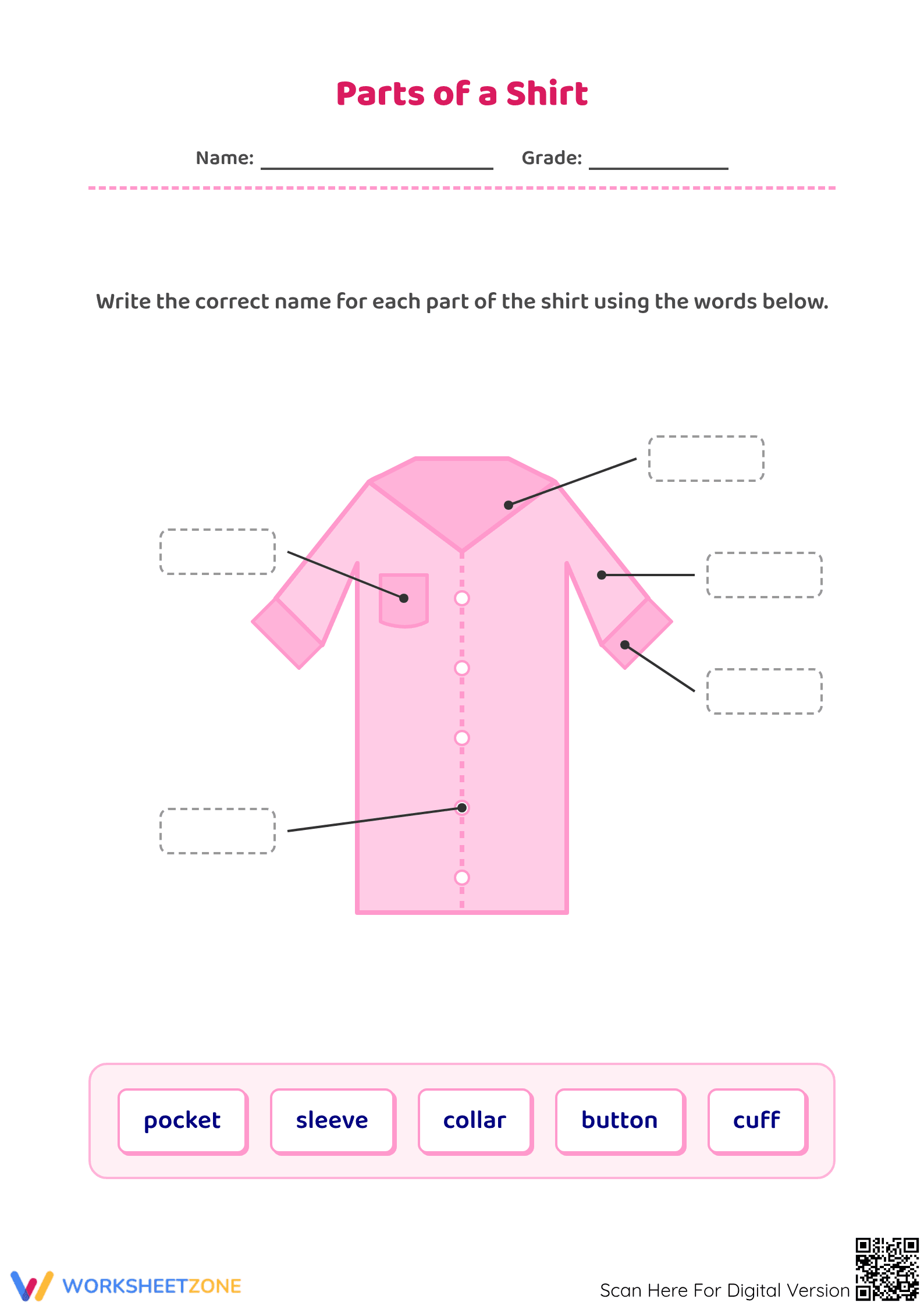 Parts of a Shirt Vocabulary Worksheet | Grade 1 Printable - Page 1