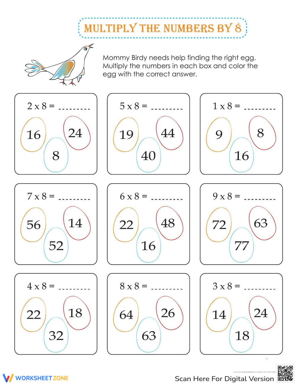 Multiply the Numbers by 8 Worksheet - Page 1
