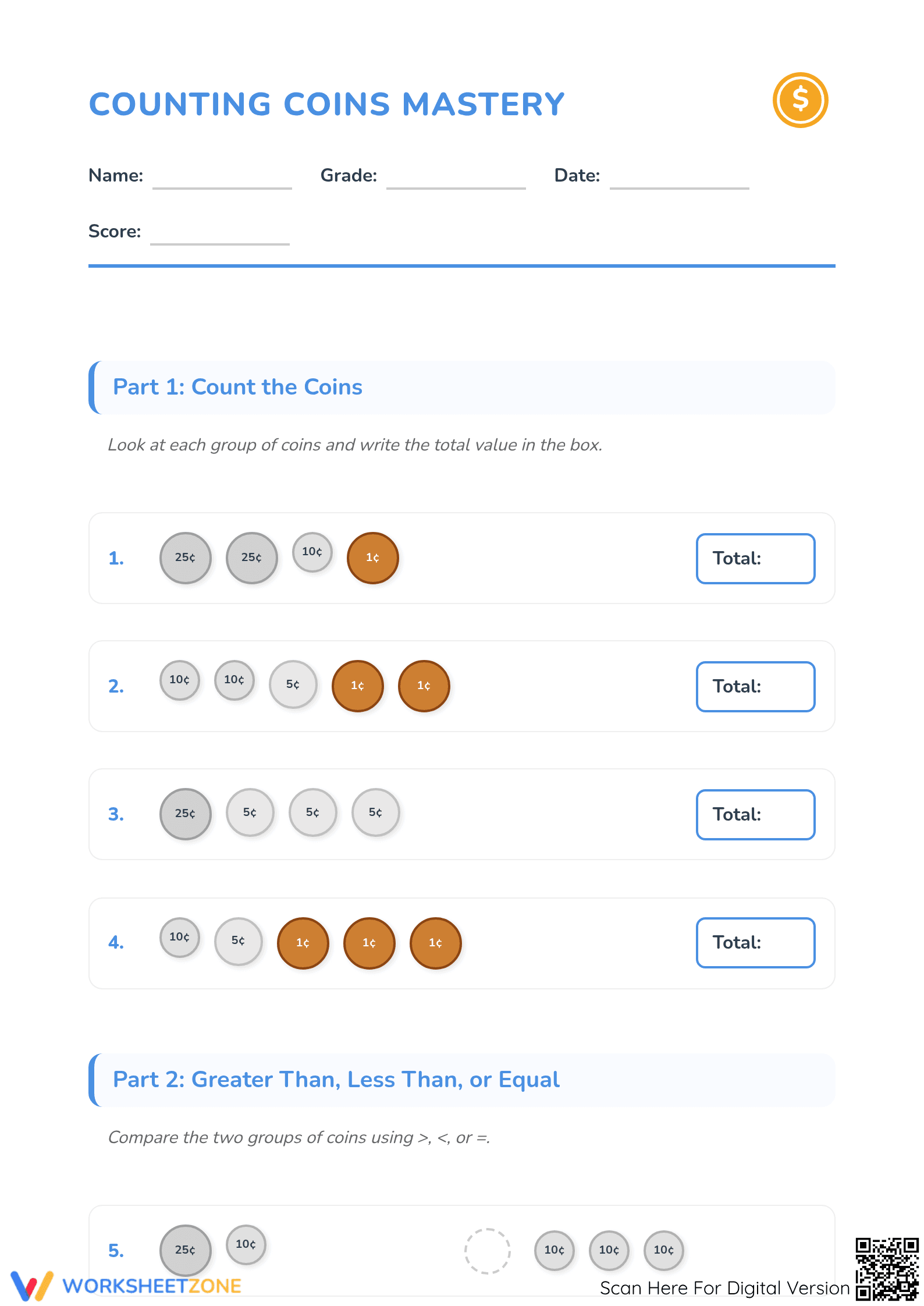2.MD.C.8 Worksheet: Counting Coins Mastery — Grade 2 Aligned - Page 1