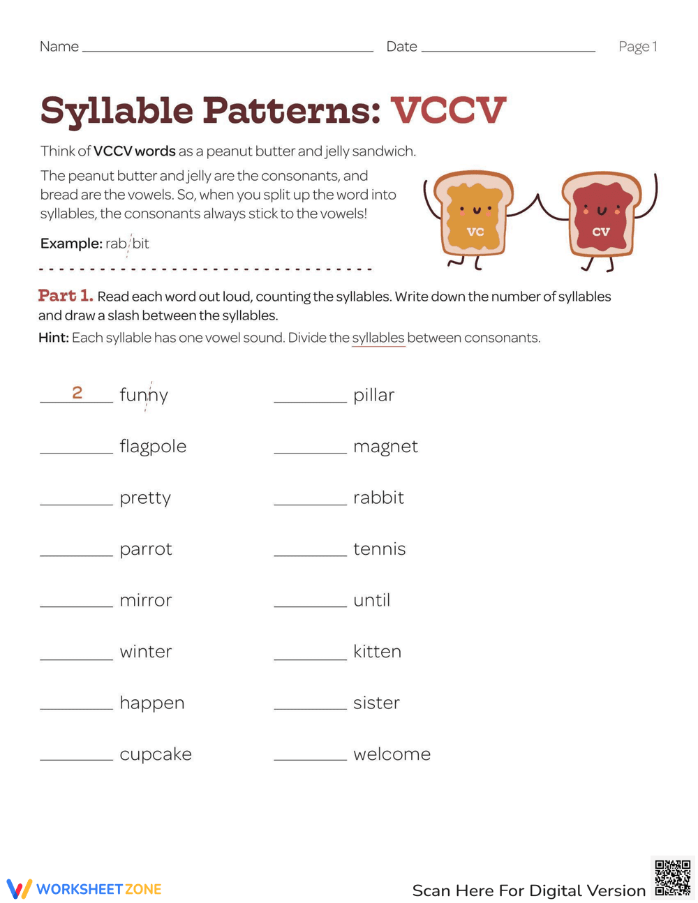 VCCV Syllable Patterns Practice Worksheet - Page 1