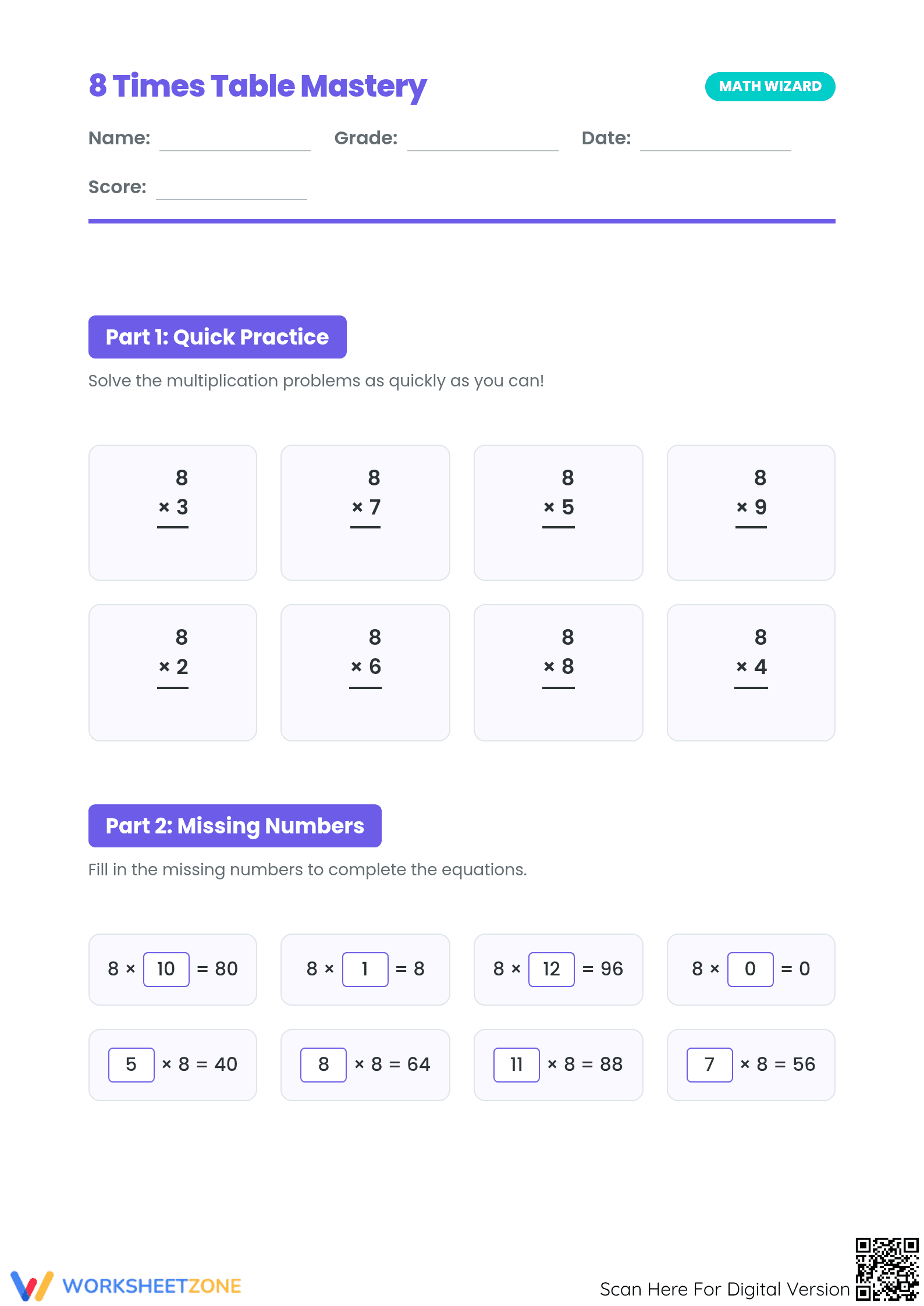 8 Times Table Mastery Worksheet | Printable Grade 3 Math - Page 1