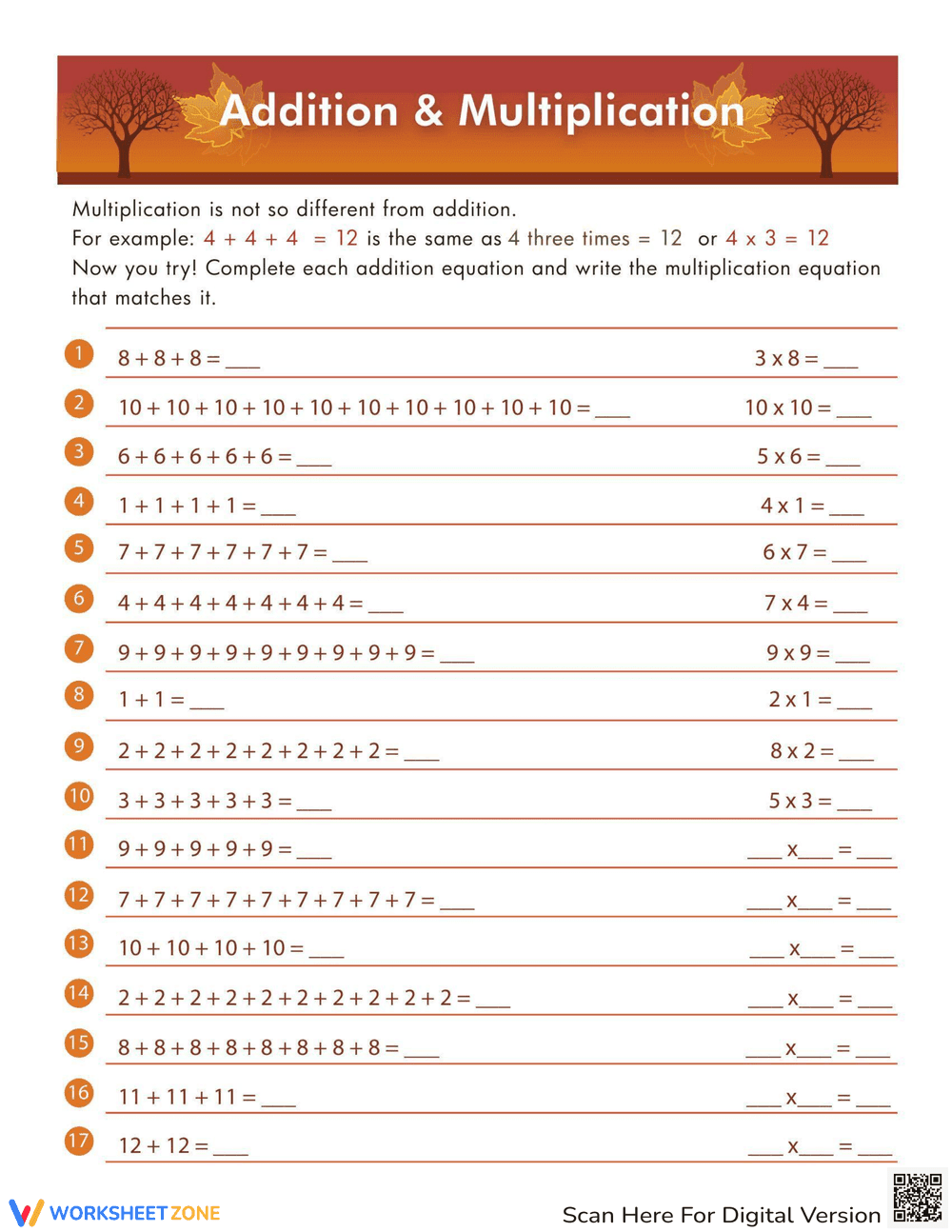 Worksheet on Addition and Multiplication - Page 1