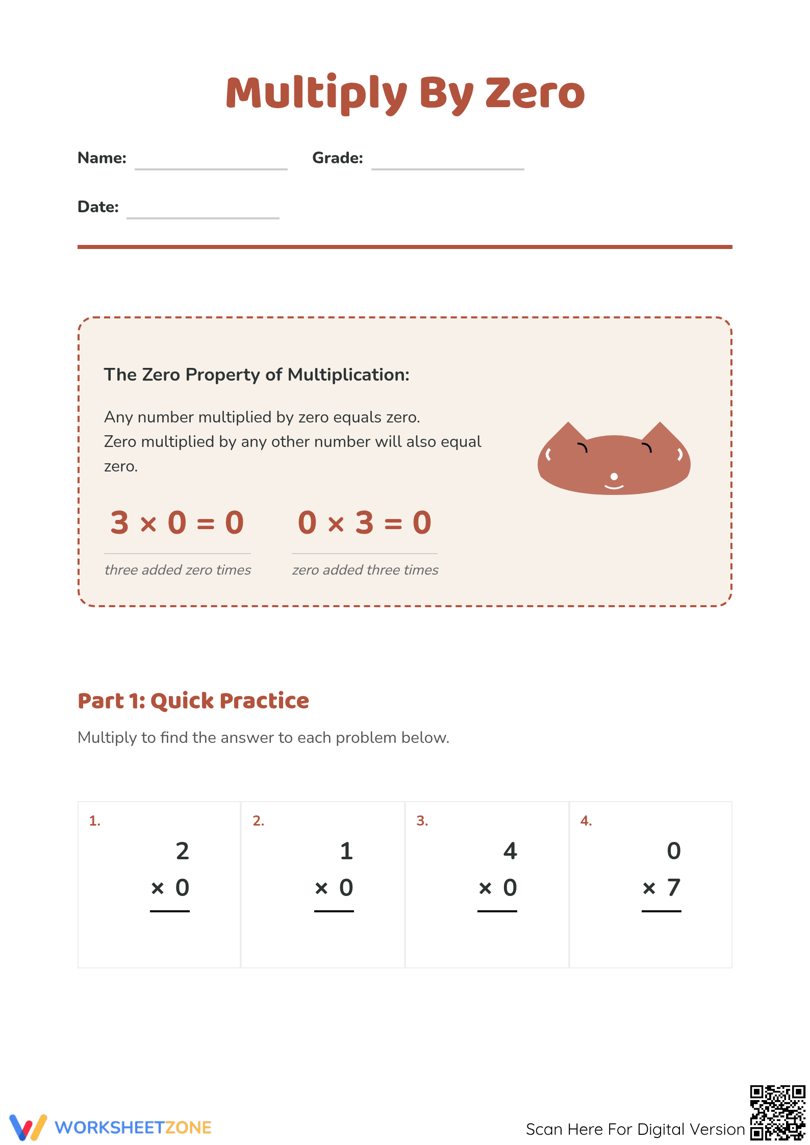 Multiply by Zero Math Worksheet | Essential Grade 3 Aligned - Page 1