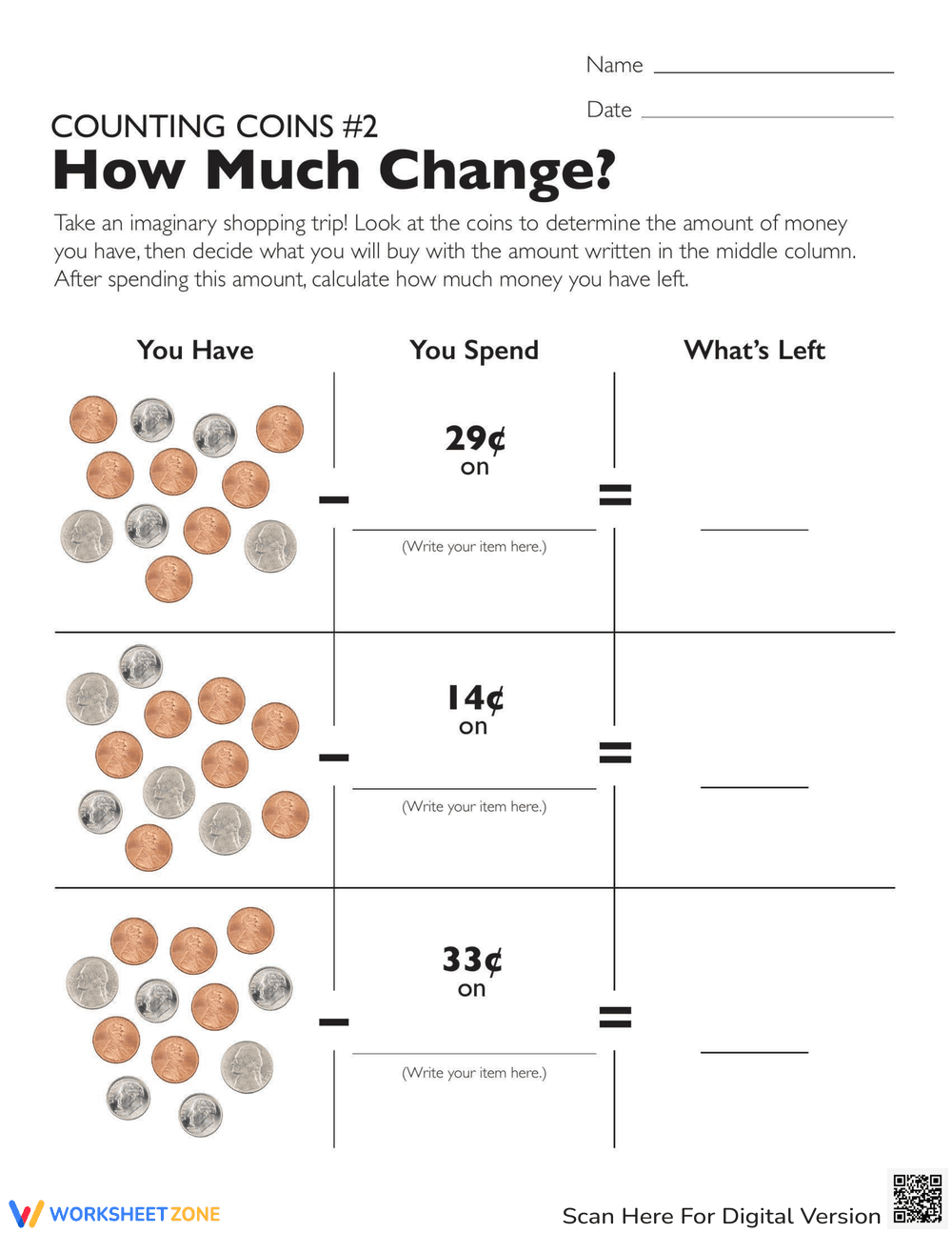 Calculate How Much Change Worksheet - Page 1