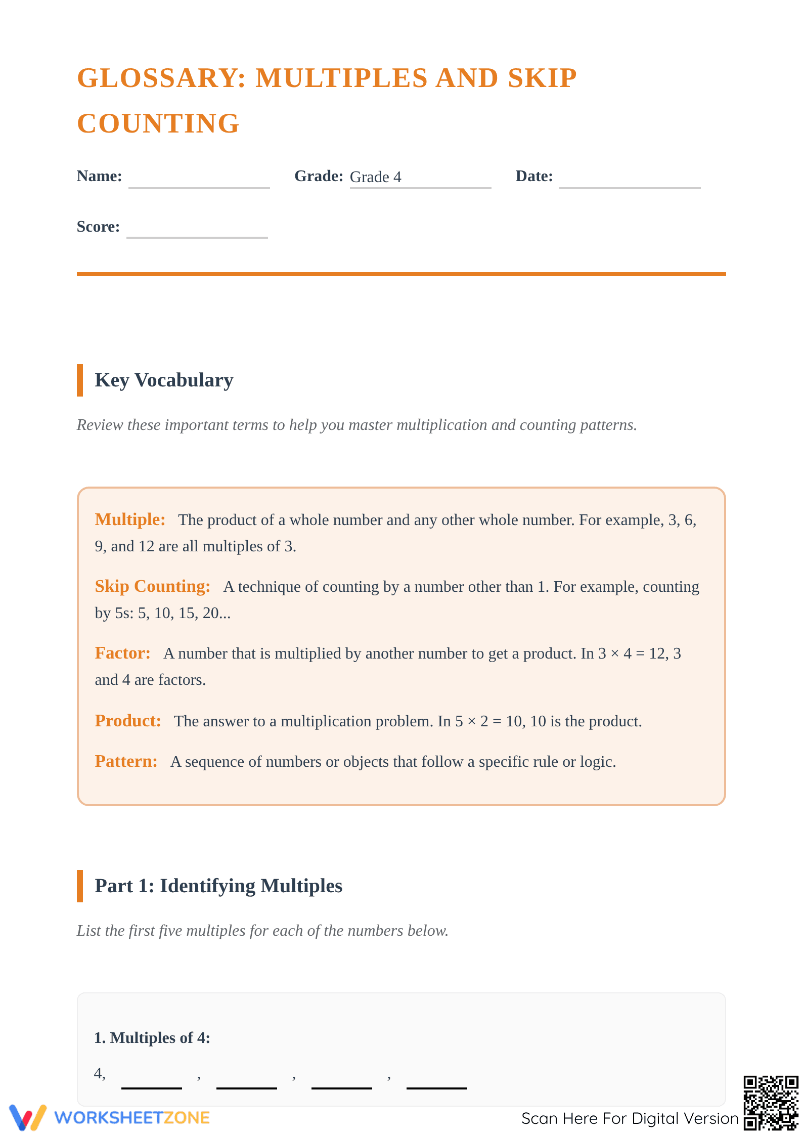 Essential Multiples & Skip Counting Worksheet | Grade 4 - Page 1