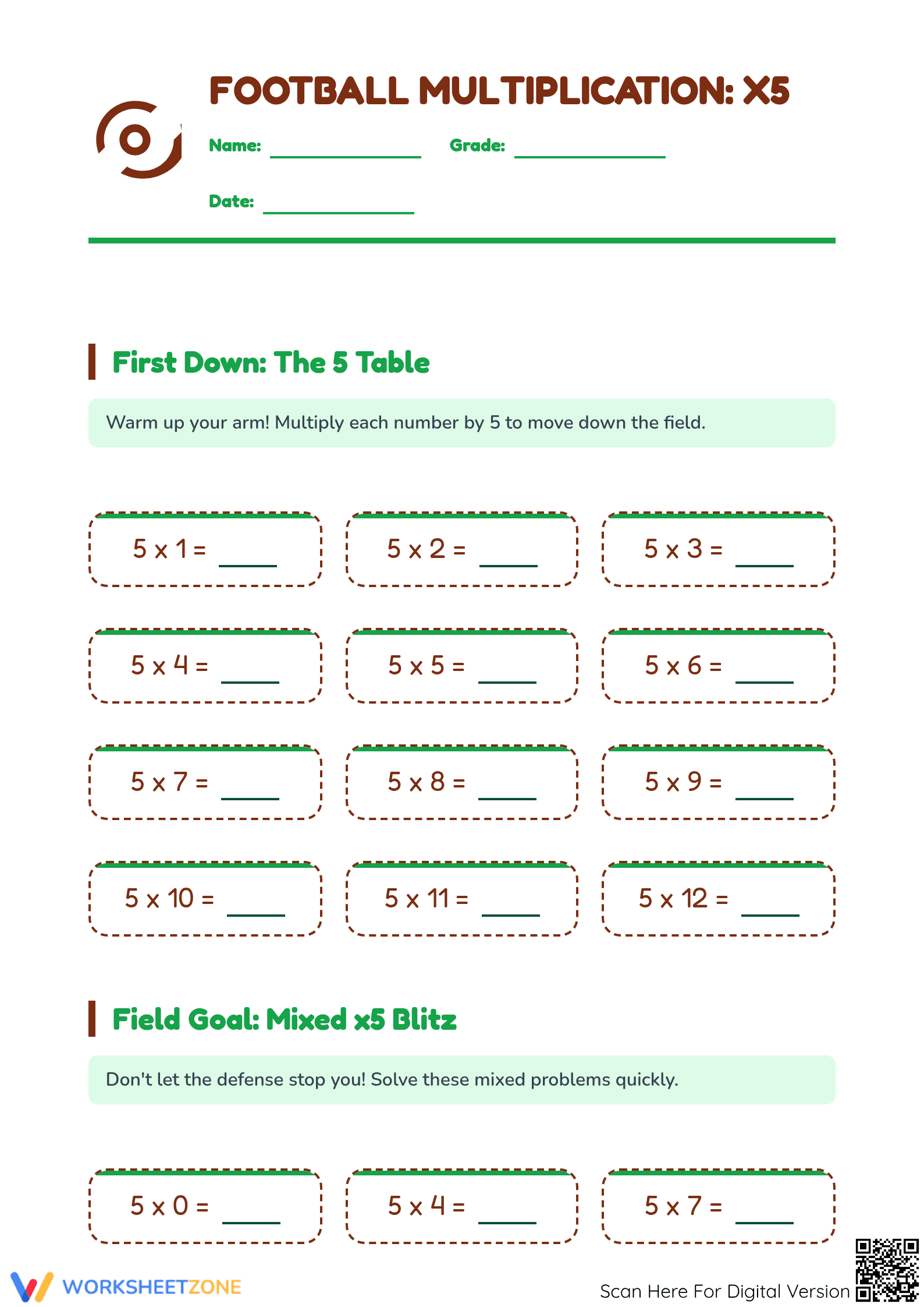 Printable Football Multiplication x5 Worksheet | Grade 3 - Page 1