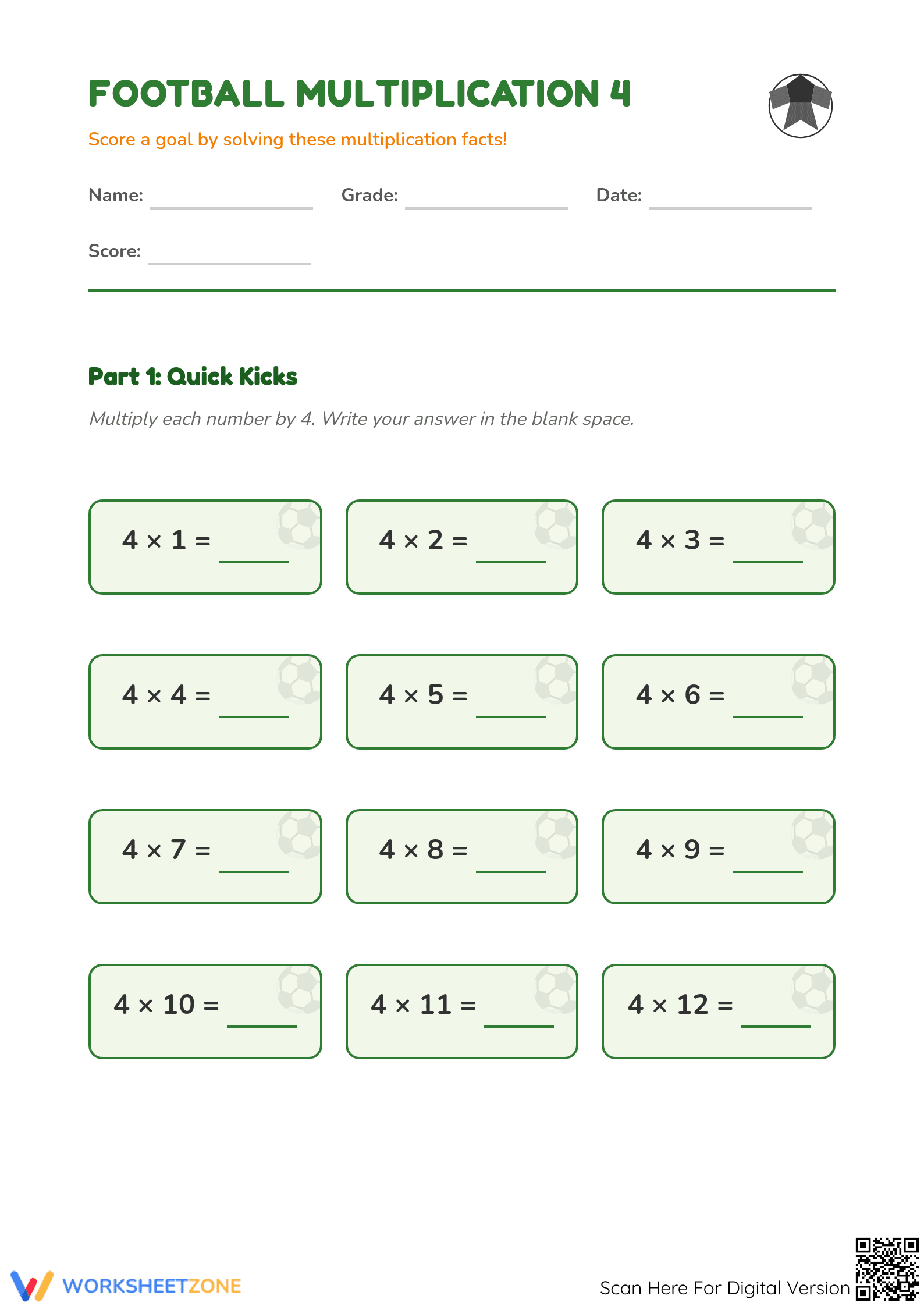 Essential Multiplying by 4 Worksheet | Grade 3 Math - Page 1