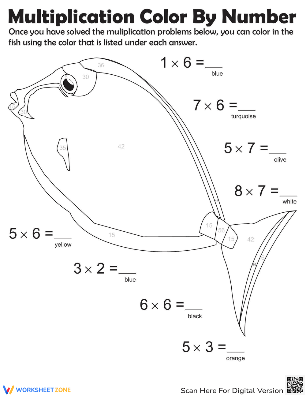 Fish Multiplication: Color by Number - Page 1