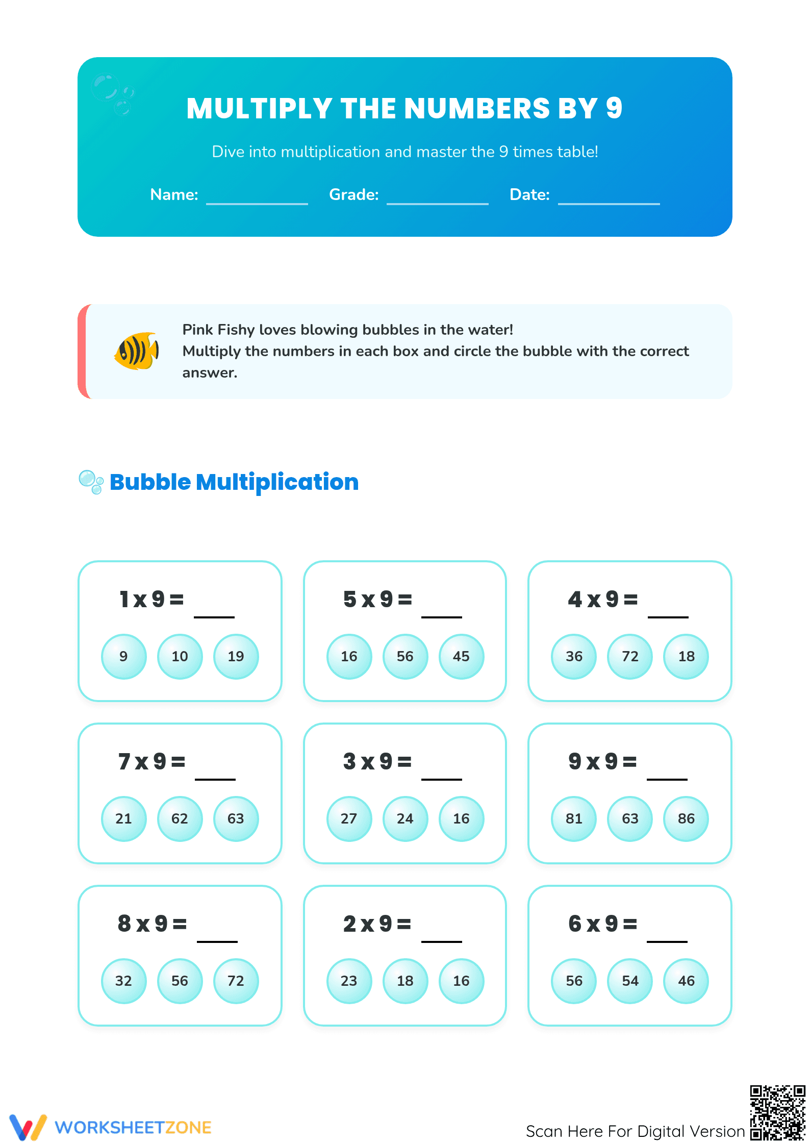 Multiply by 9 Worksheet | Printable Grade 3 Multiplication - Page 1