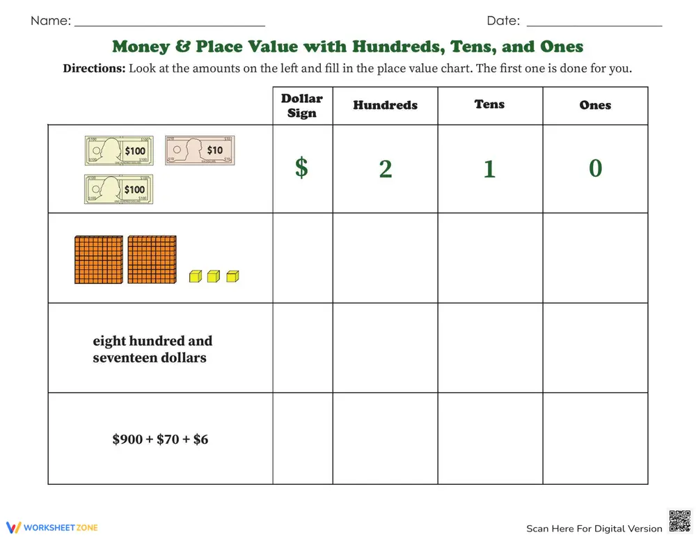 Money and Place Value with Hundreds, Tens, and Ones - Page 1