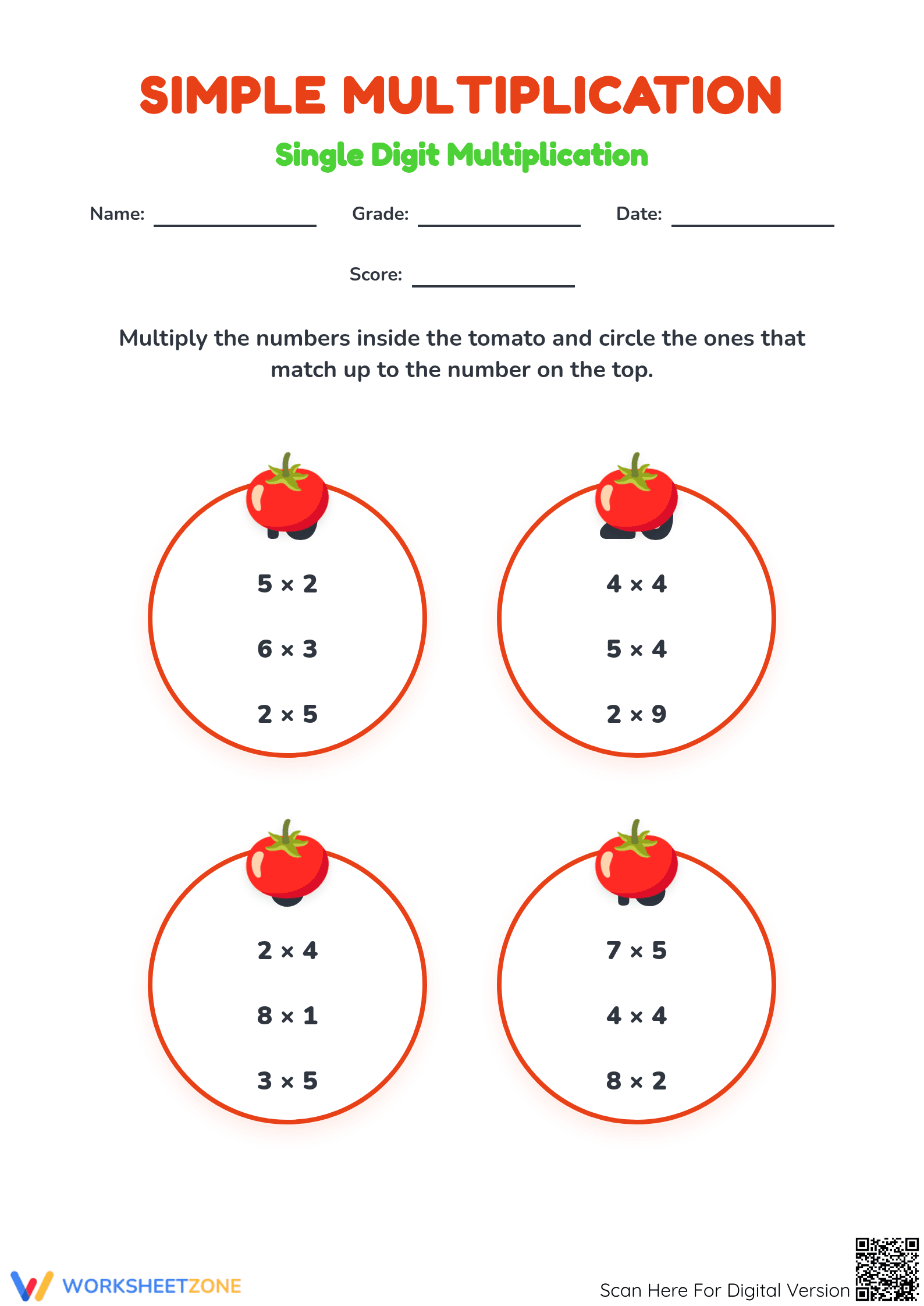 Grade 3 Simple Multiplication — Printable No-Prep Worksheet - Page 1