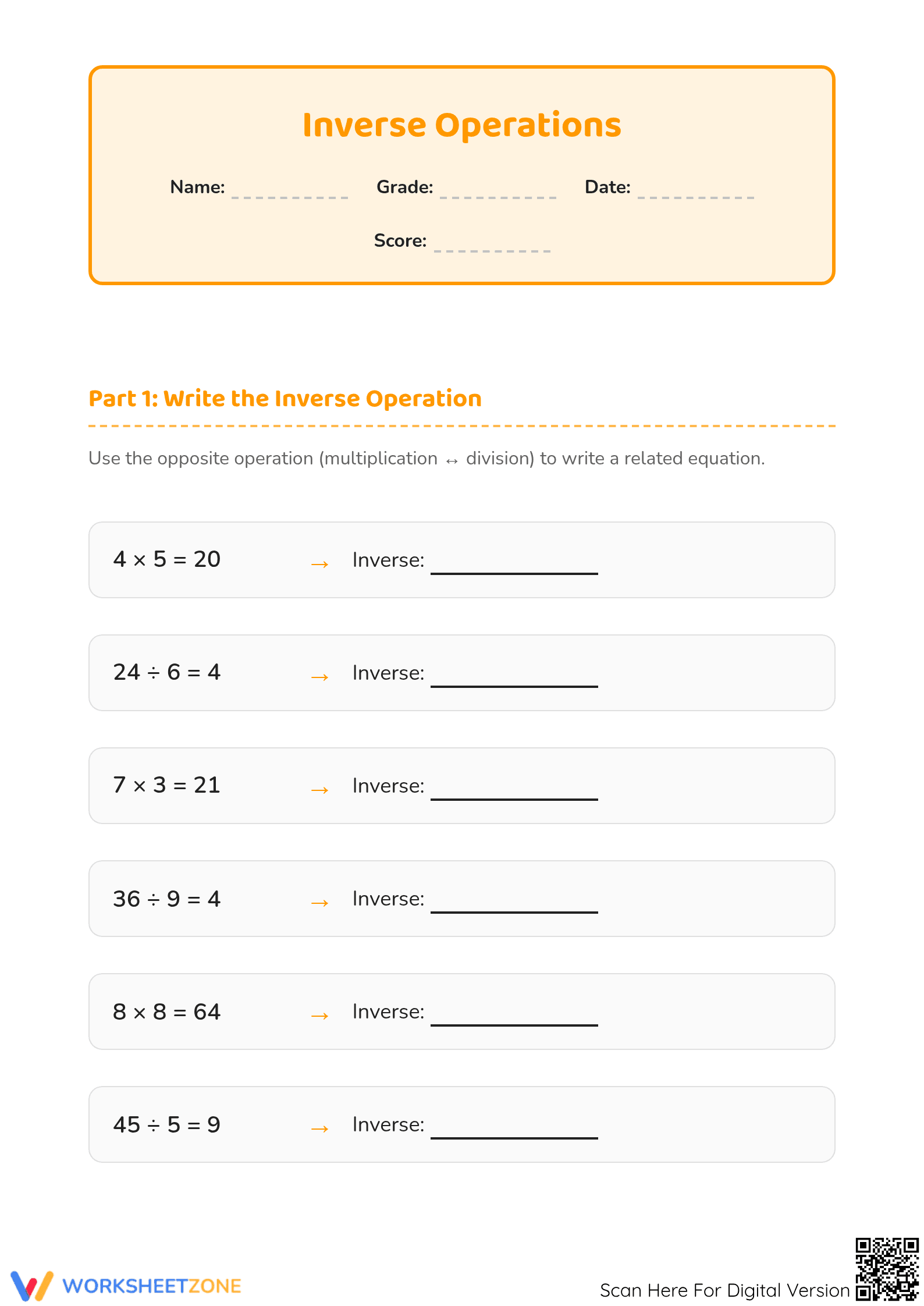 Printable Inverse Operations Worksheet | Grade 3 Math - Page 1