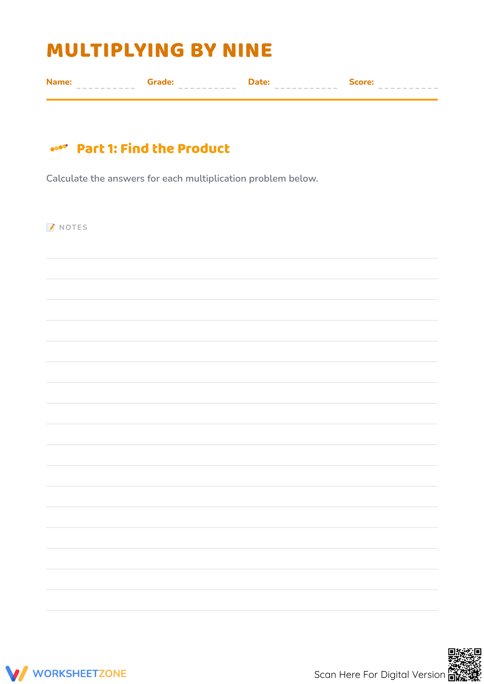 Printable Multiplying by Nine Worksheet — Grade 3 Math - Page 1