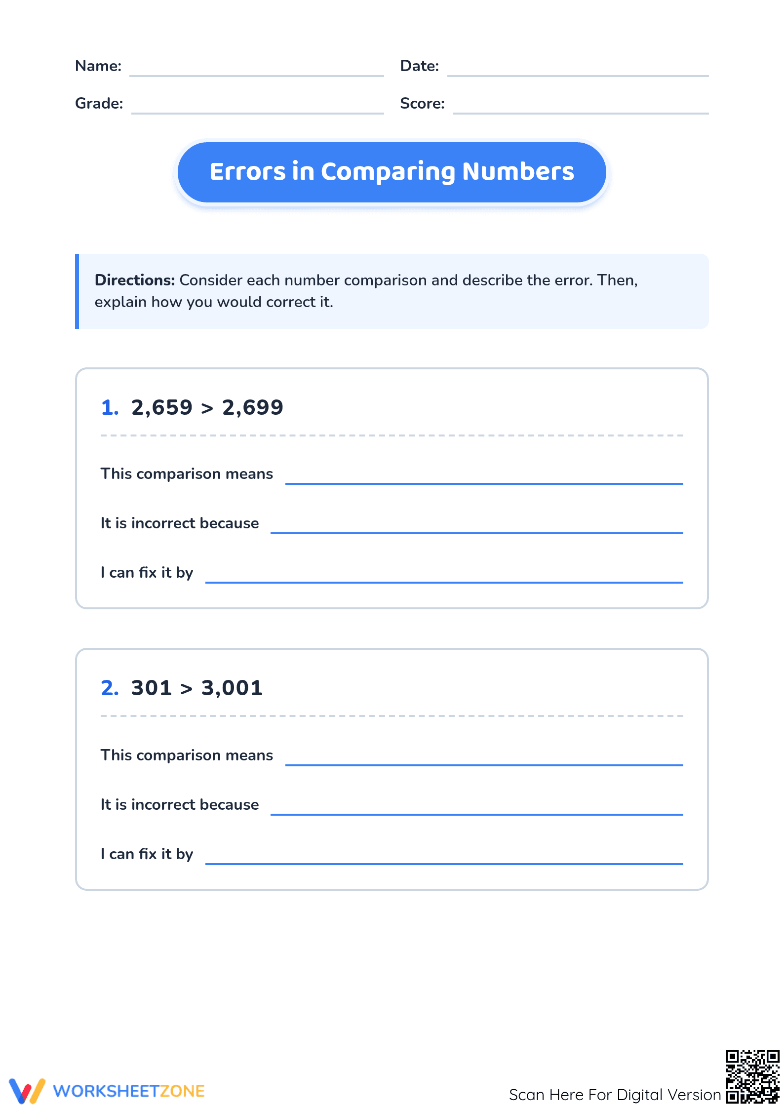 Essential Grade 4 Math: Errors in Comparing Numbers - Page 1
