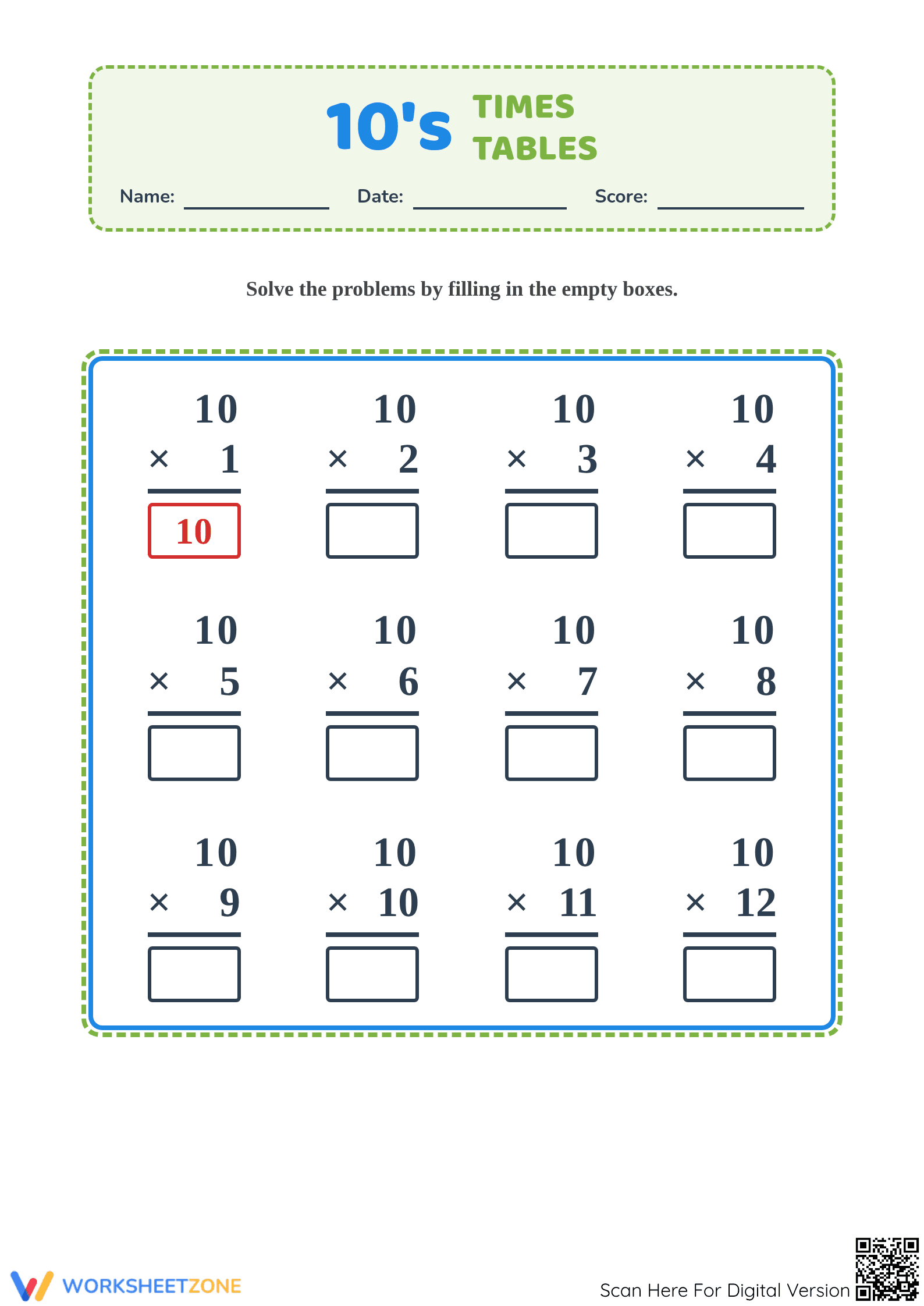 Printable 10s Times Tables Worksheet: Grade 3 Math Fluency - Page 1