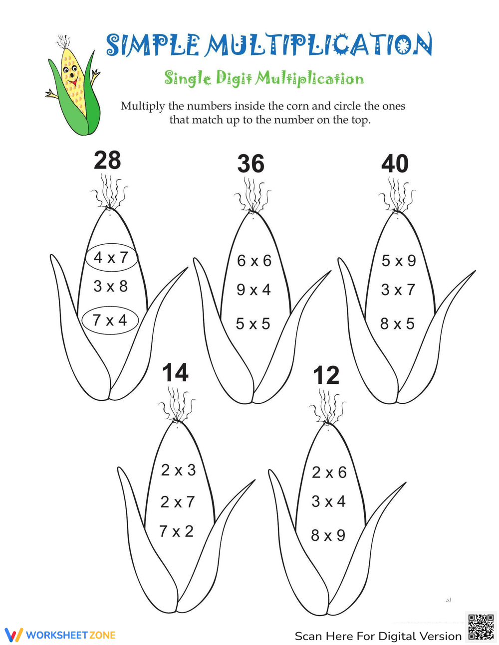 Simple Multiplication Worksheet with Corn Theme - Page 1