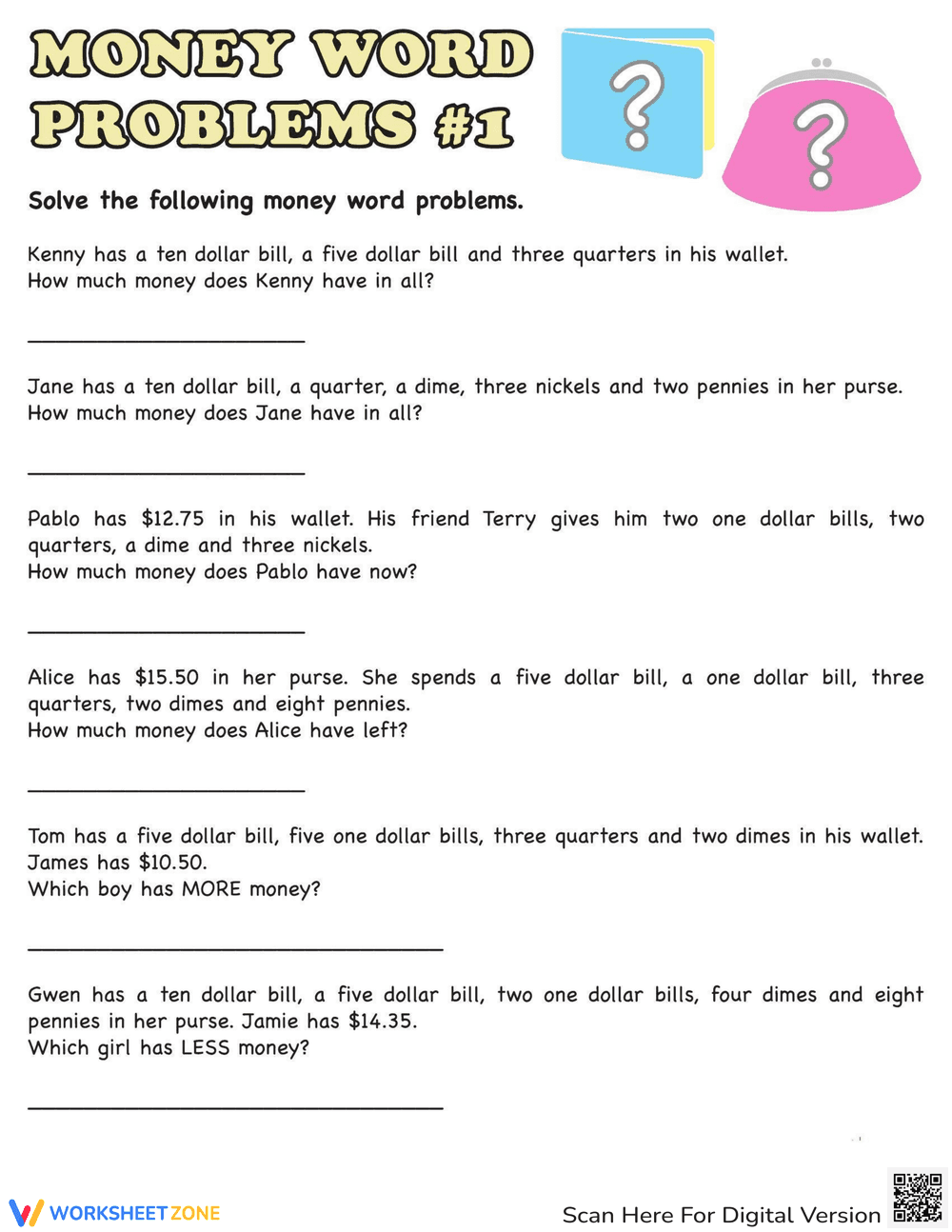Solve Money Word Problems! - Page 1