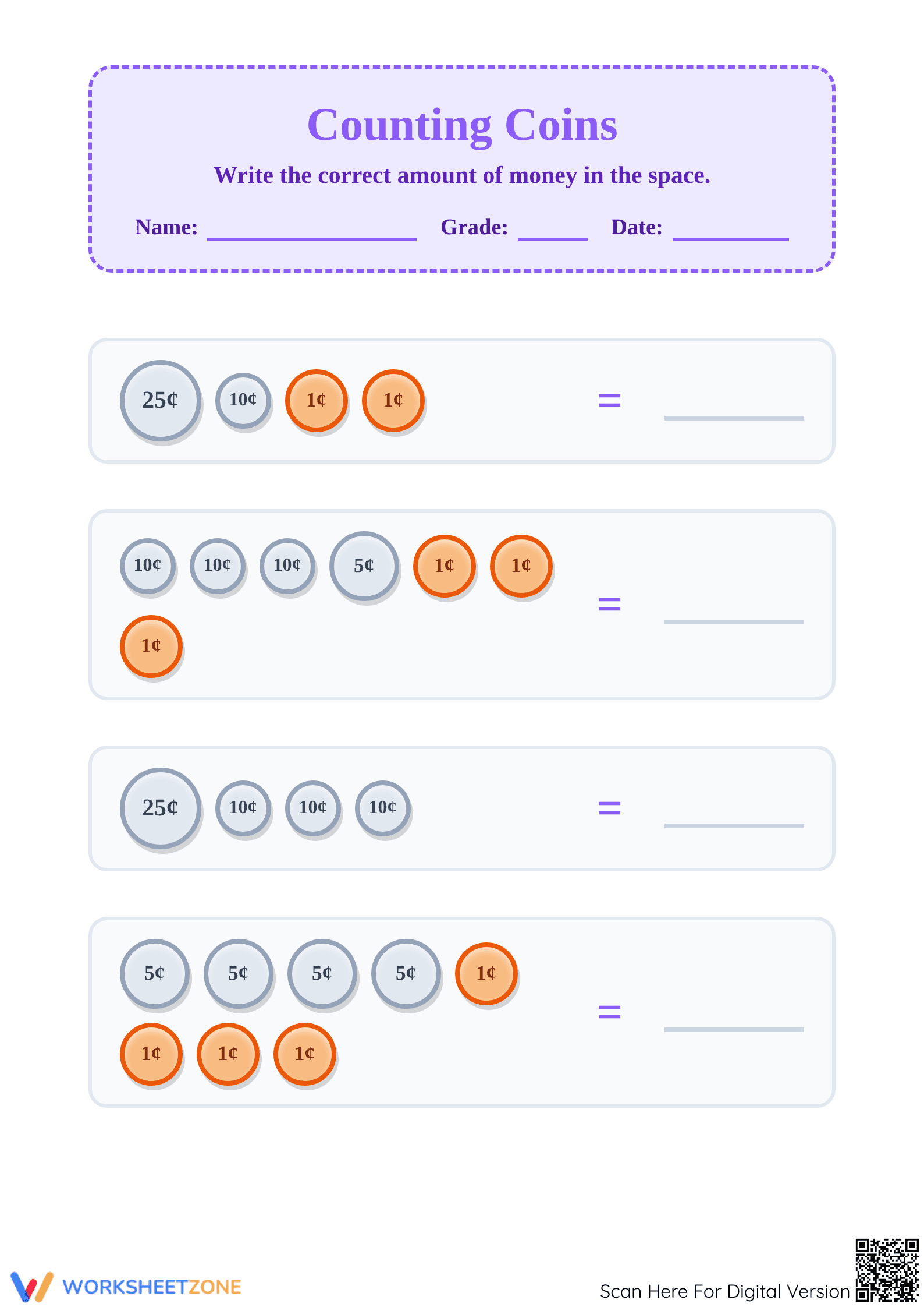 Printable Grade 2 Counting Coins Worksheet | Essential Math - Page 1