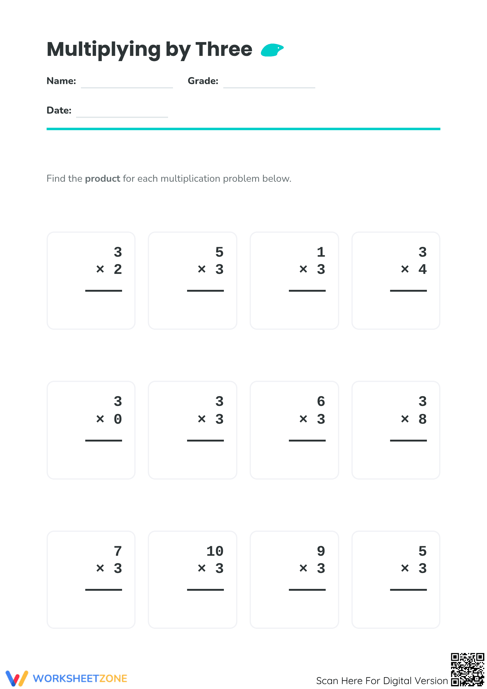 Essential Multiplying by Three Worksheet | Grade 3 Math - Page 1