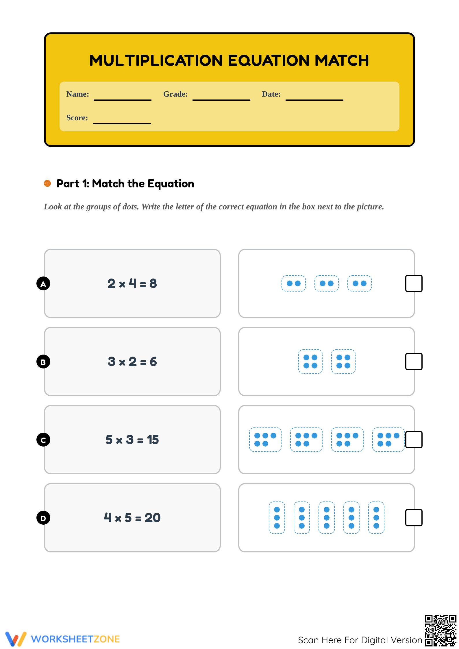 Essential Multiplication Equation Match Worksheet | Grade 3 - Page 1