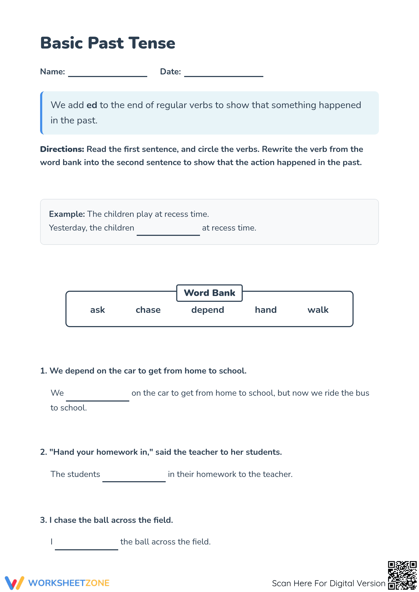 Past Tense -ed Worksheet | Grade 3 Essential - Page 1