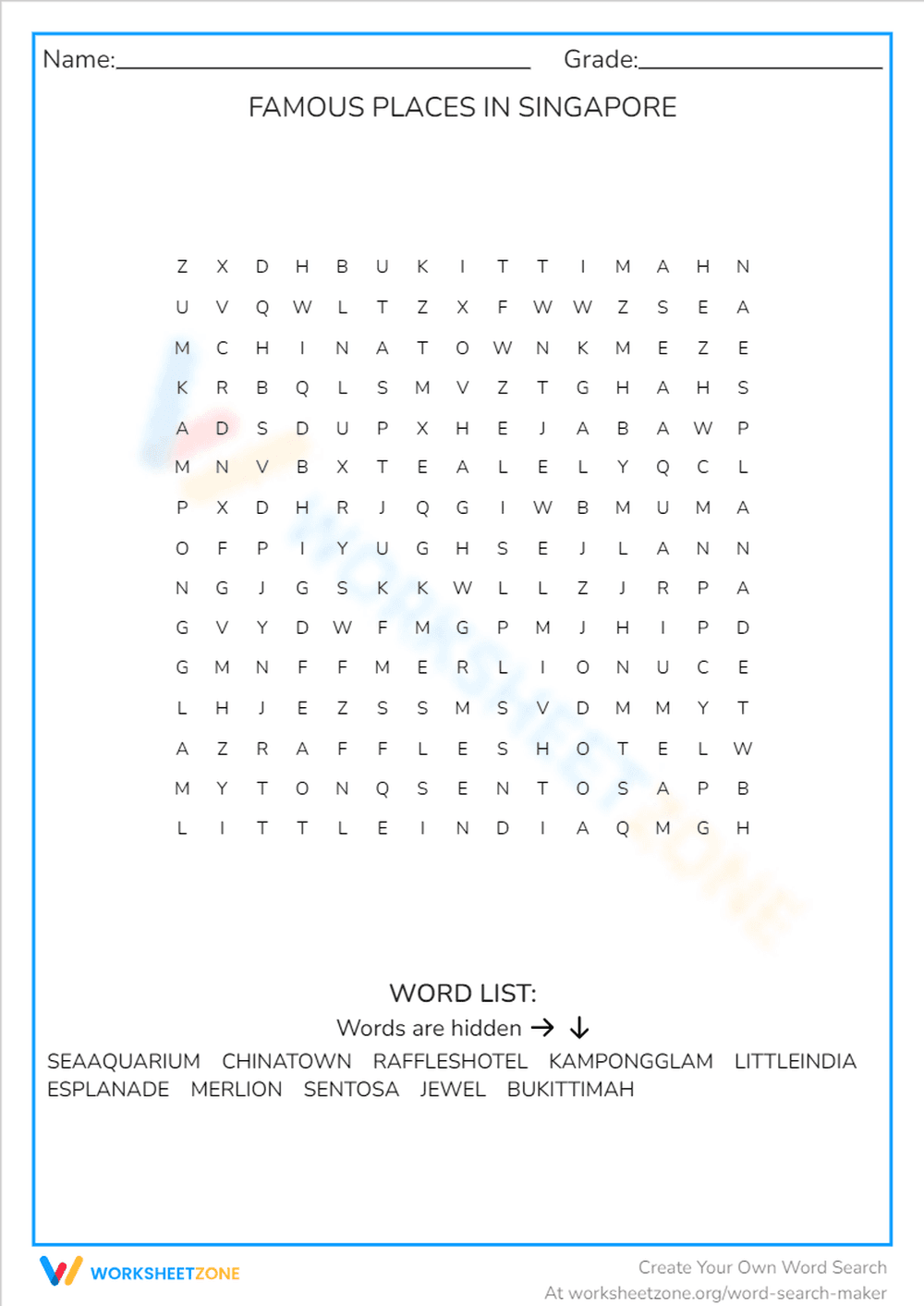 Famous Places in Singapore Word Search | Grade 4 Essential - Page 1