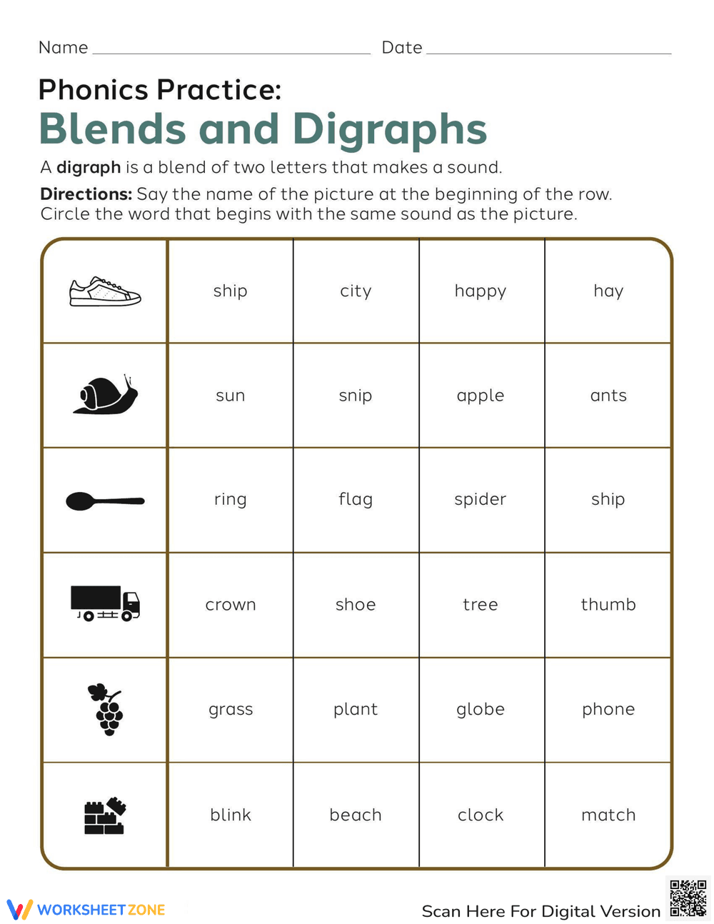 Phonics Practice Test: Blends and Digraphs - Page 1