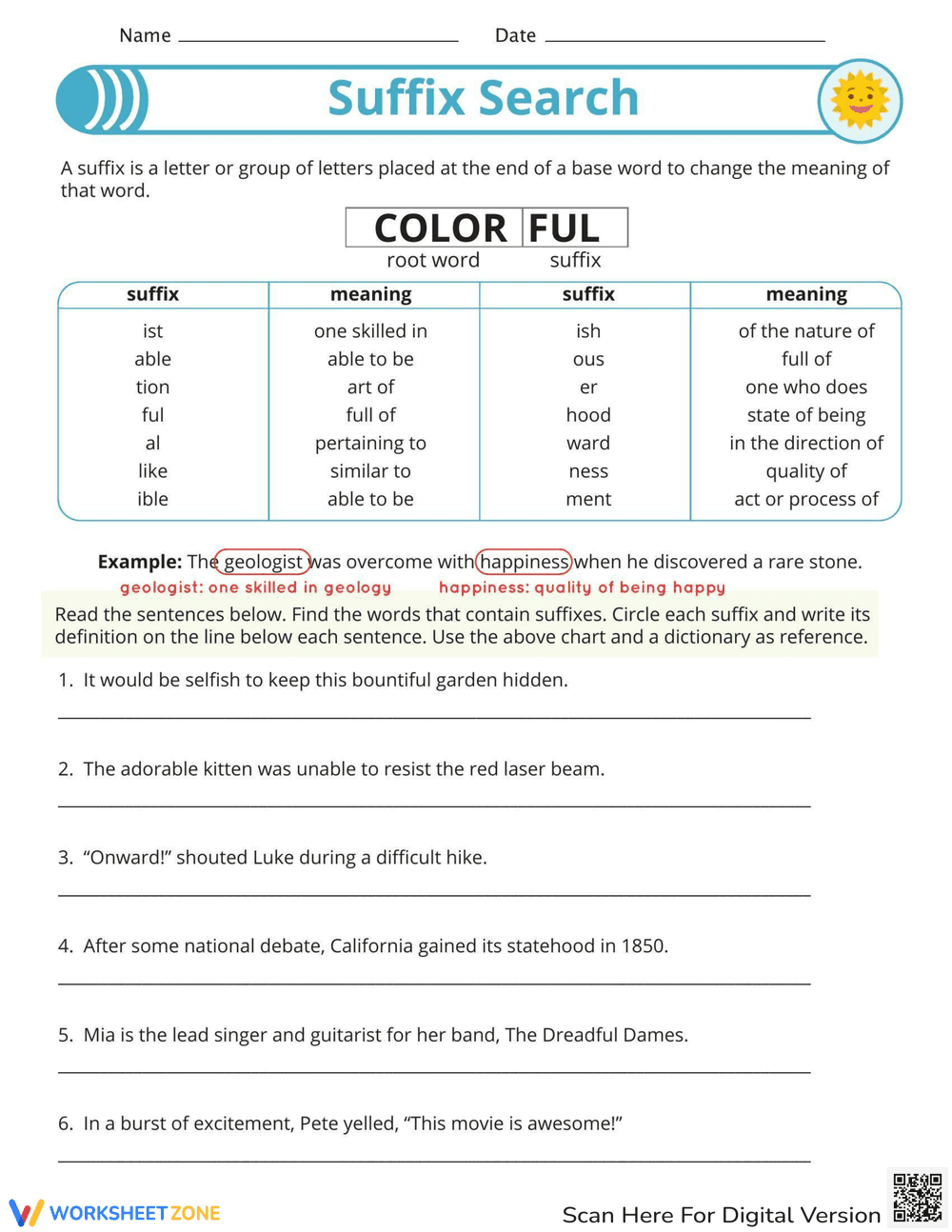 Suffix Practice Worksheet for Vocabulary Building - Page 1