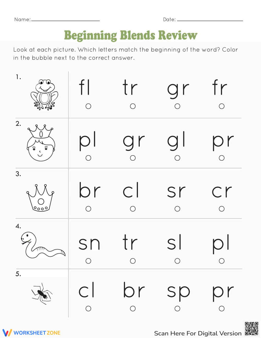 Beginning Blends Review Worksheet - Page 1