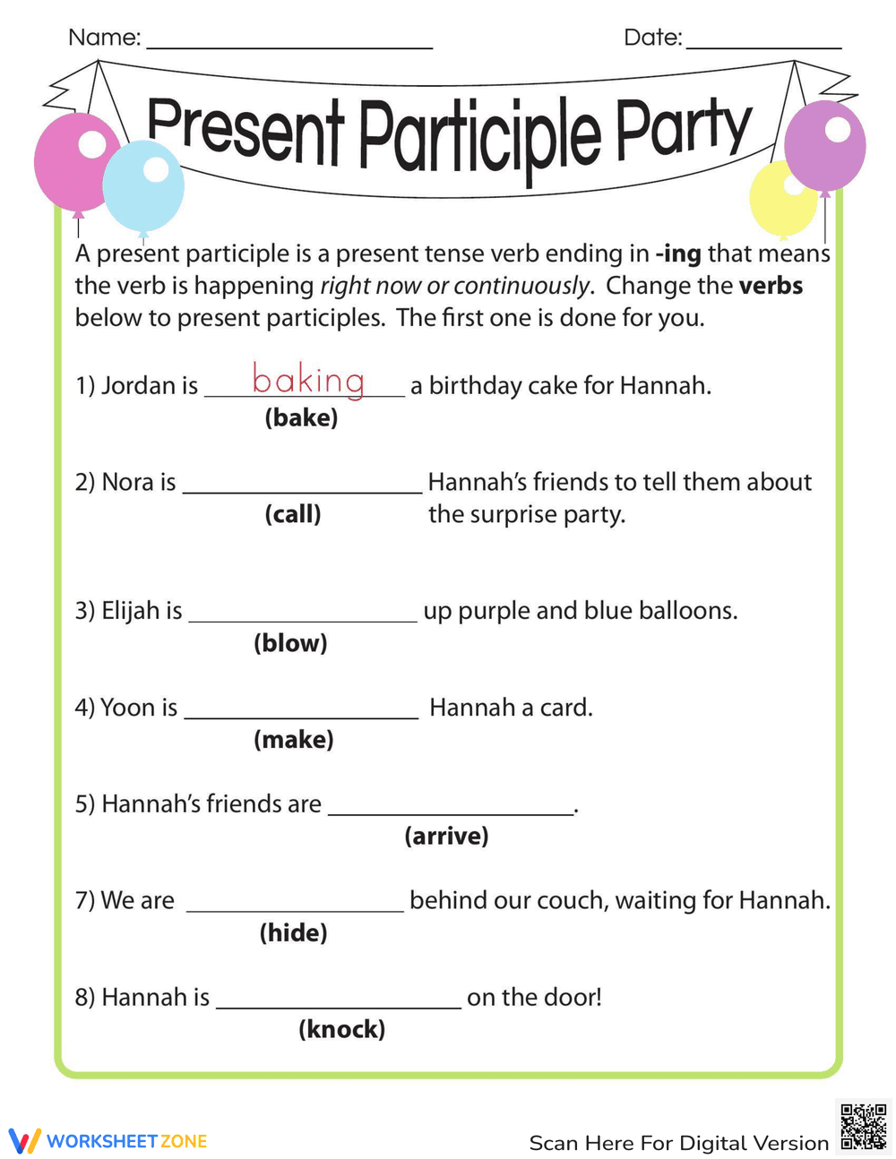 Present Participle Party: Grammar Fun - Page 1