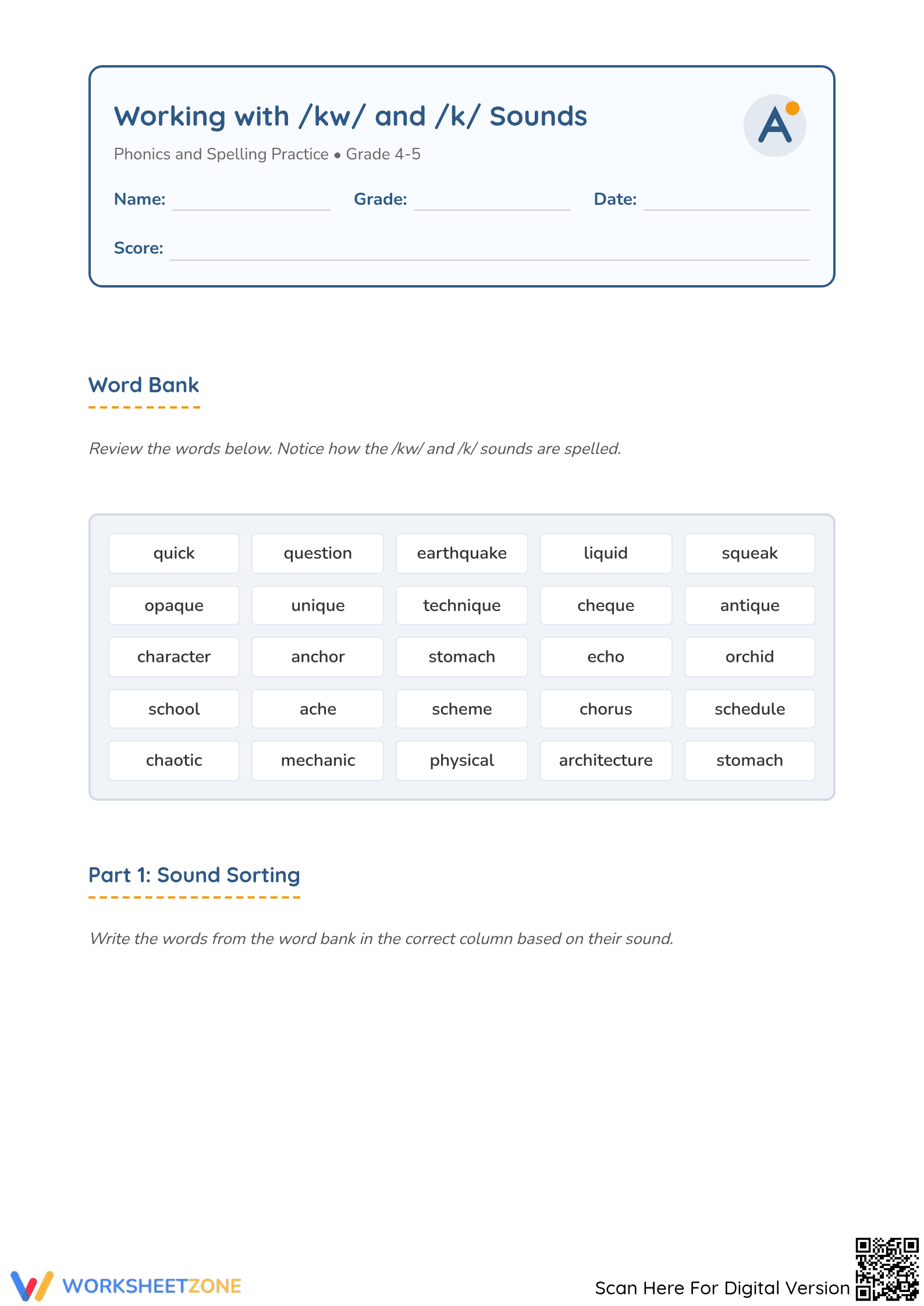 Grade 4 /k/ and /kw/ Phonics — Printable No-Prep Worksheet - Page 1