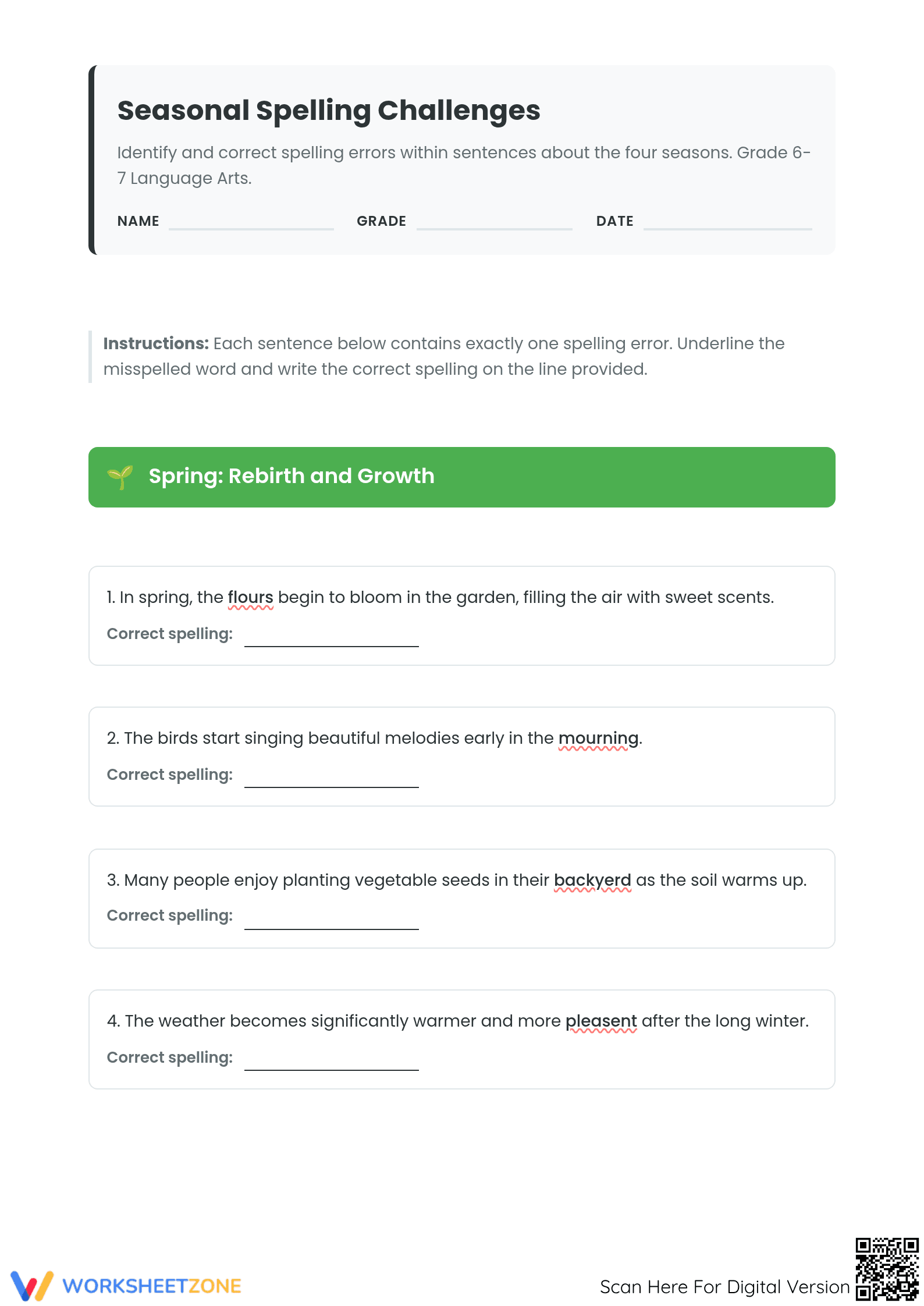 Correct Spelling Errors Worksheet | Grade 6 Essential - Page 1