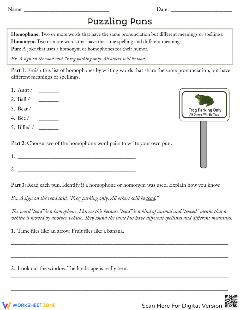 Puzzling Puns Worksheet: Enhance Wordplay - Page 1