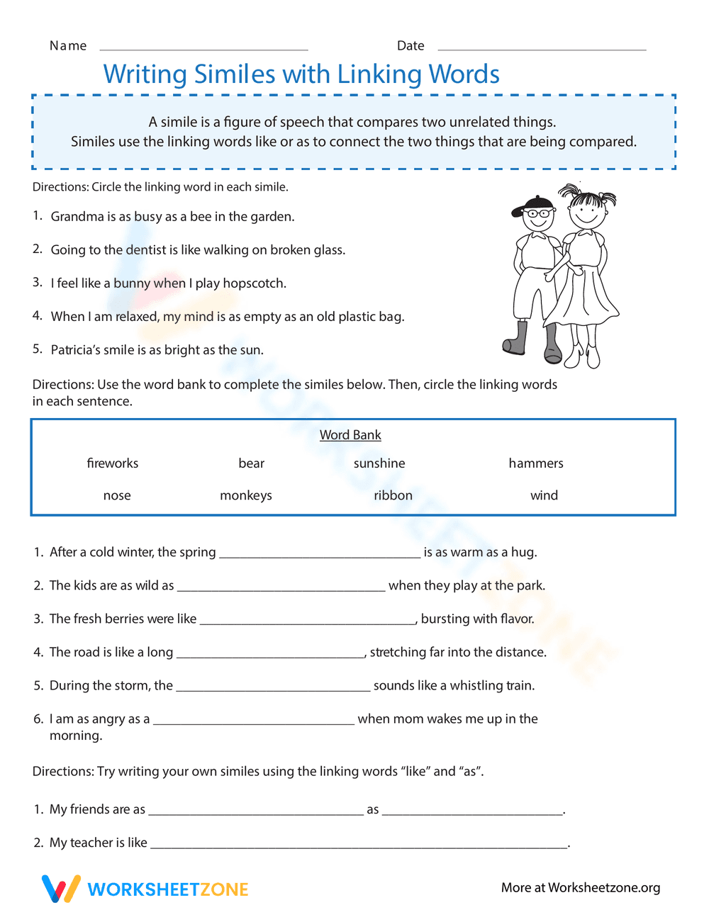 Writing Similes with Linking Words - Page 1