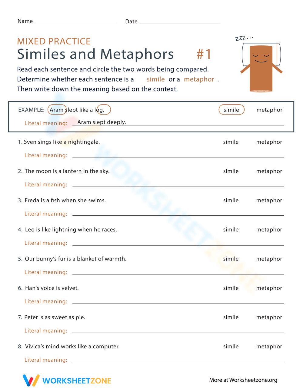 Mixed Similes and Metaphors Practice Worksheet - Page 1