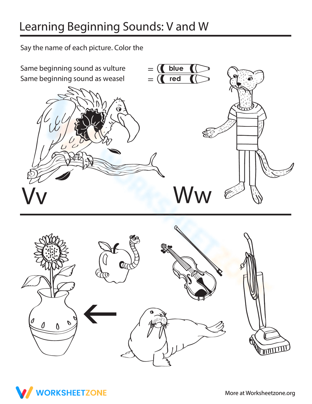 Beginning Sounds V and W Worksheet - Page 1