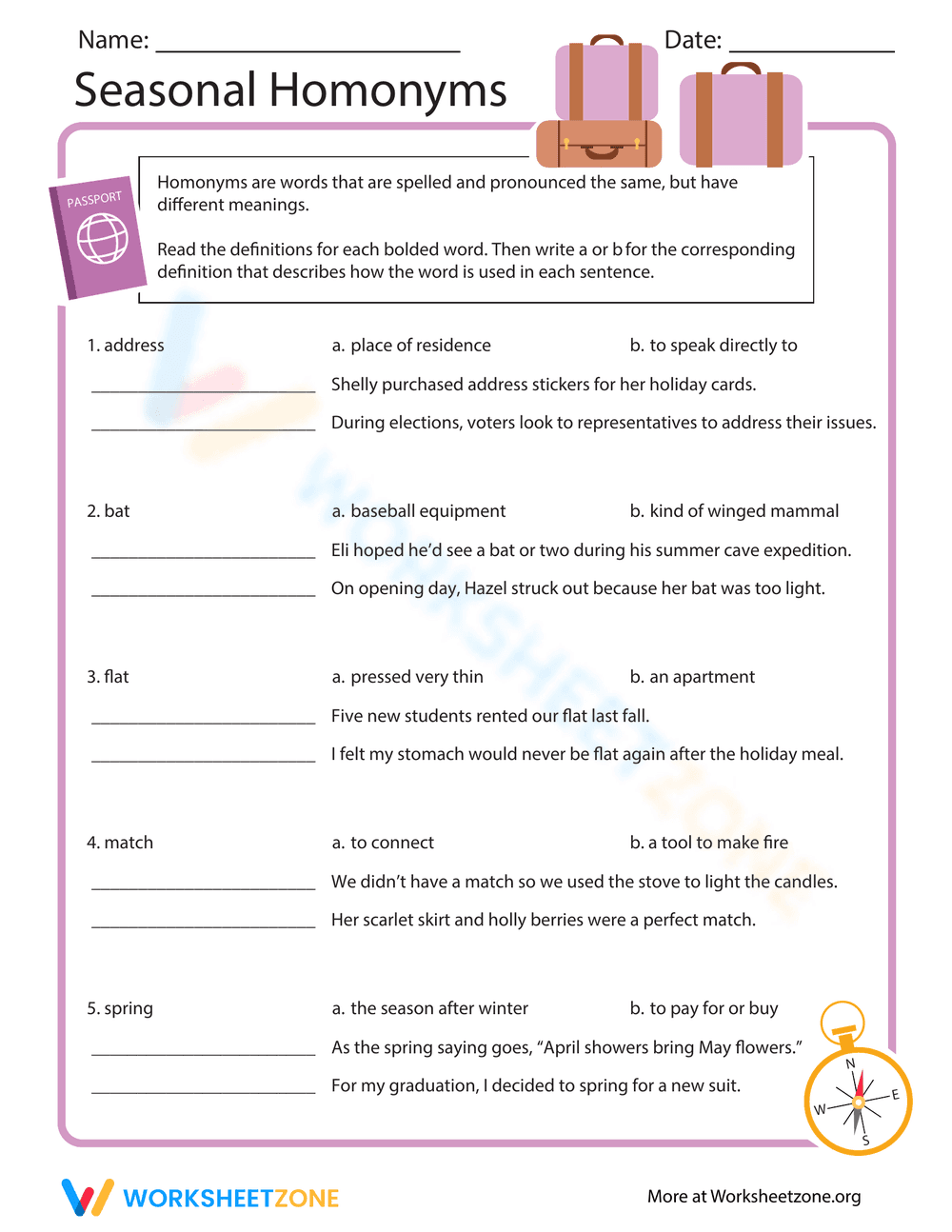 Seasonal Homonyms Worksheet - Page 1