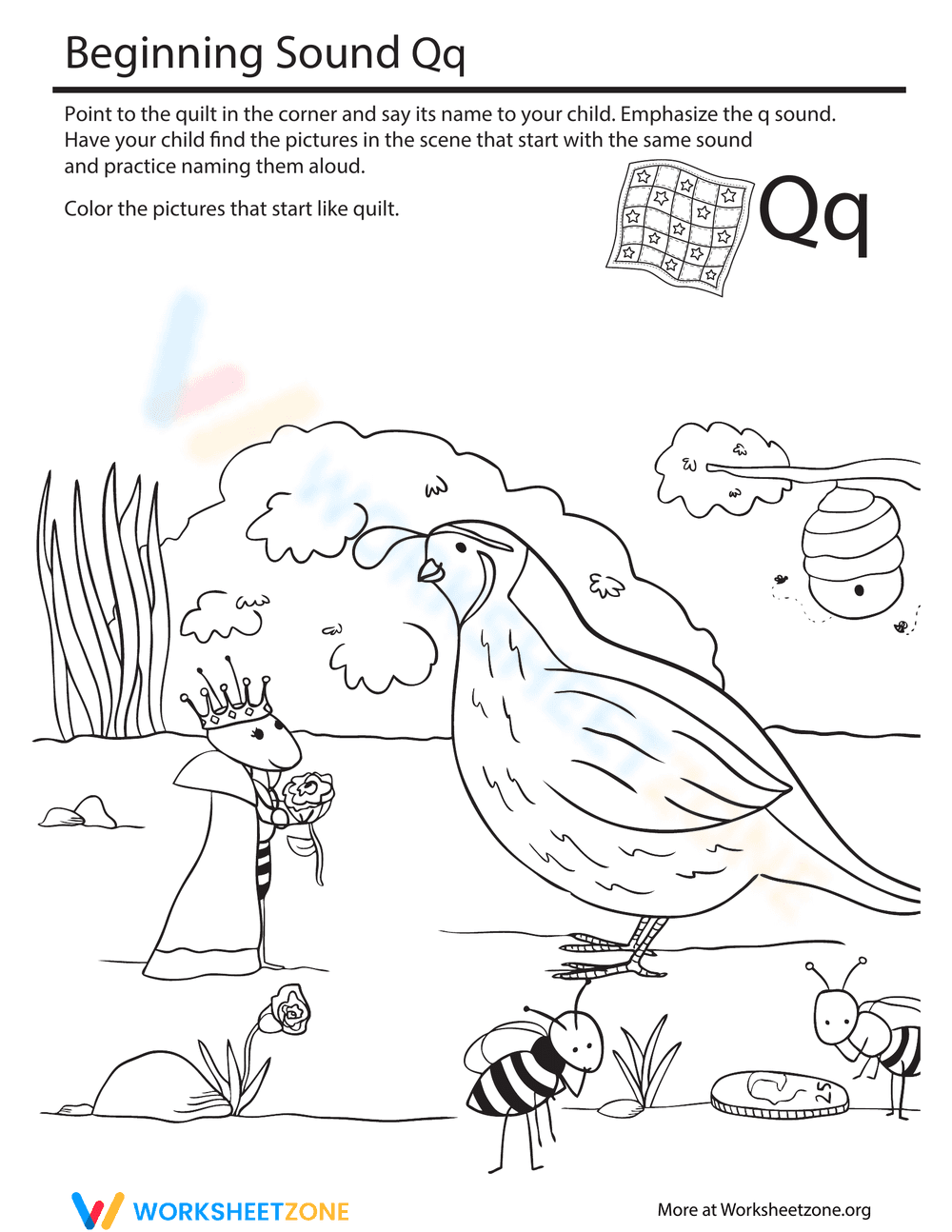 Beginning Sounds Coloring: Sounds Like Quilt - Page 1
