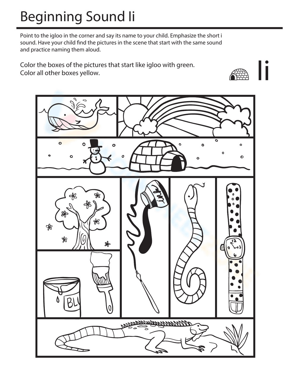 Preschool Short I Beginning Sounds — Printable Worksheet - Page 1