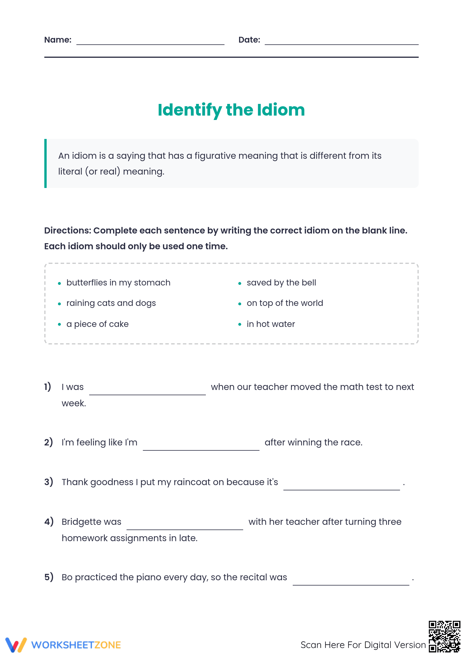Identify the Idiom Worksheet | Grade 4 Essential - Page 1