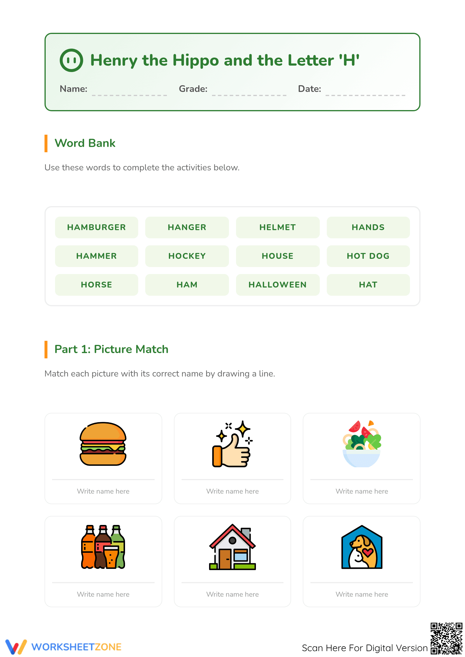 Letter H Vocabulary Worksheet | Grade 2 Printable - Page 1