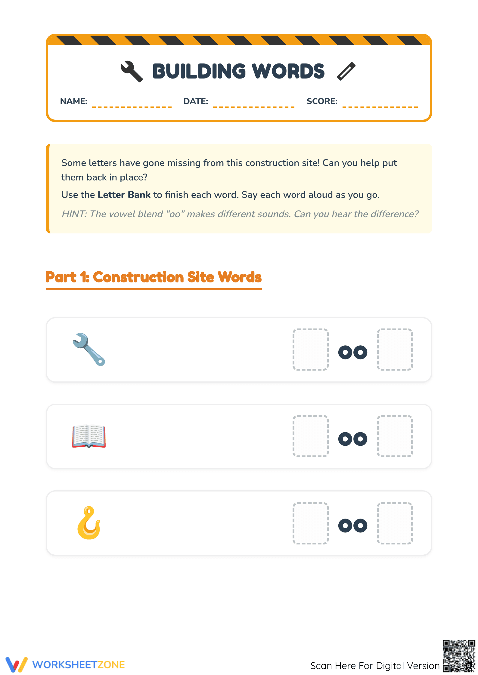 Grade K "oo" Words — Printable No-Prep Worksheet - Page 1